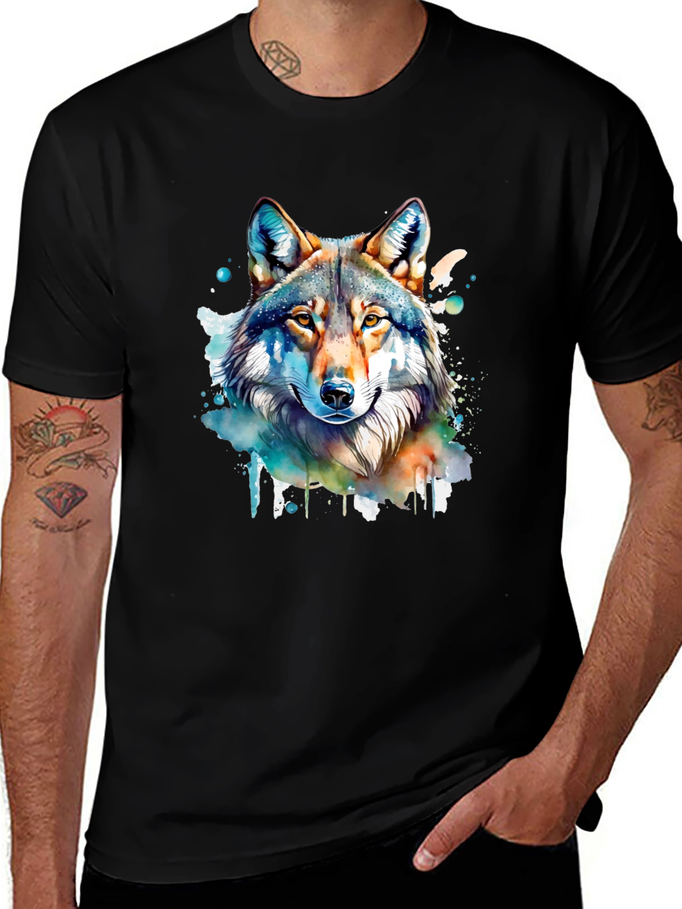 Wolf Watercolor Graphic Black T-Shirt