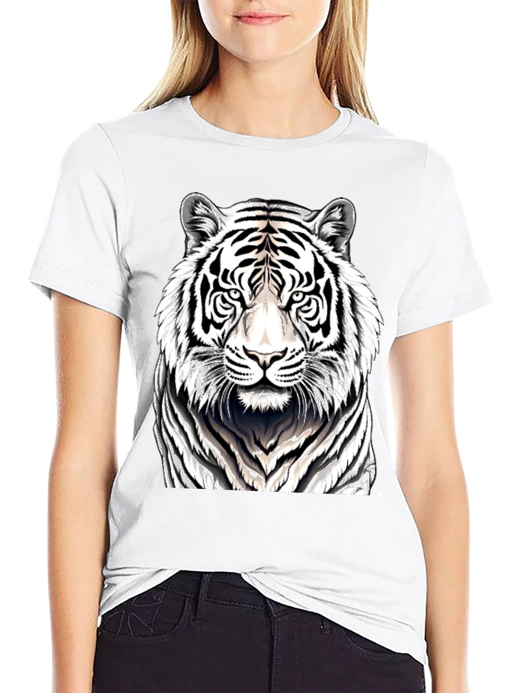 White Tiger Graphic Print Black T-Shirt