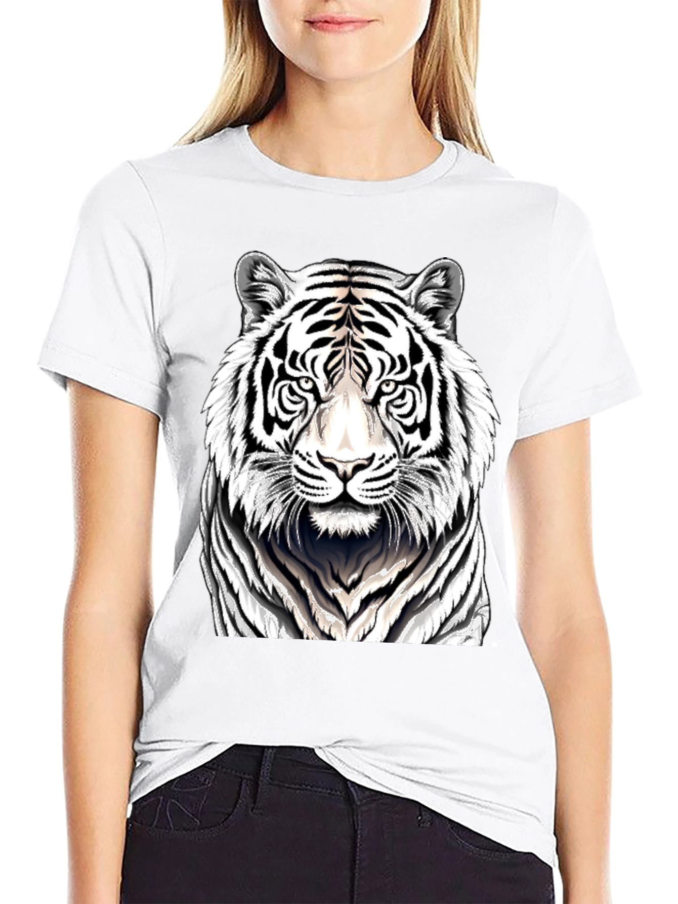 White Tiger Graphic Print Black T-Shirt