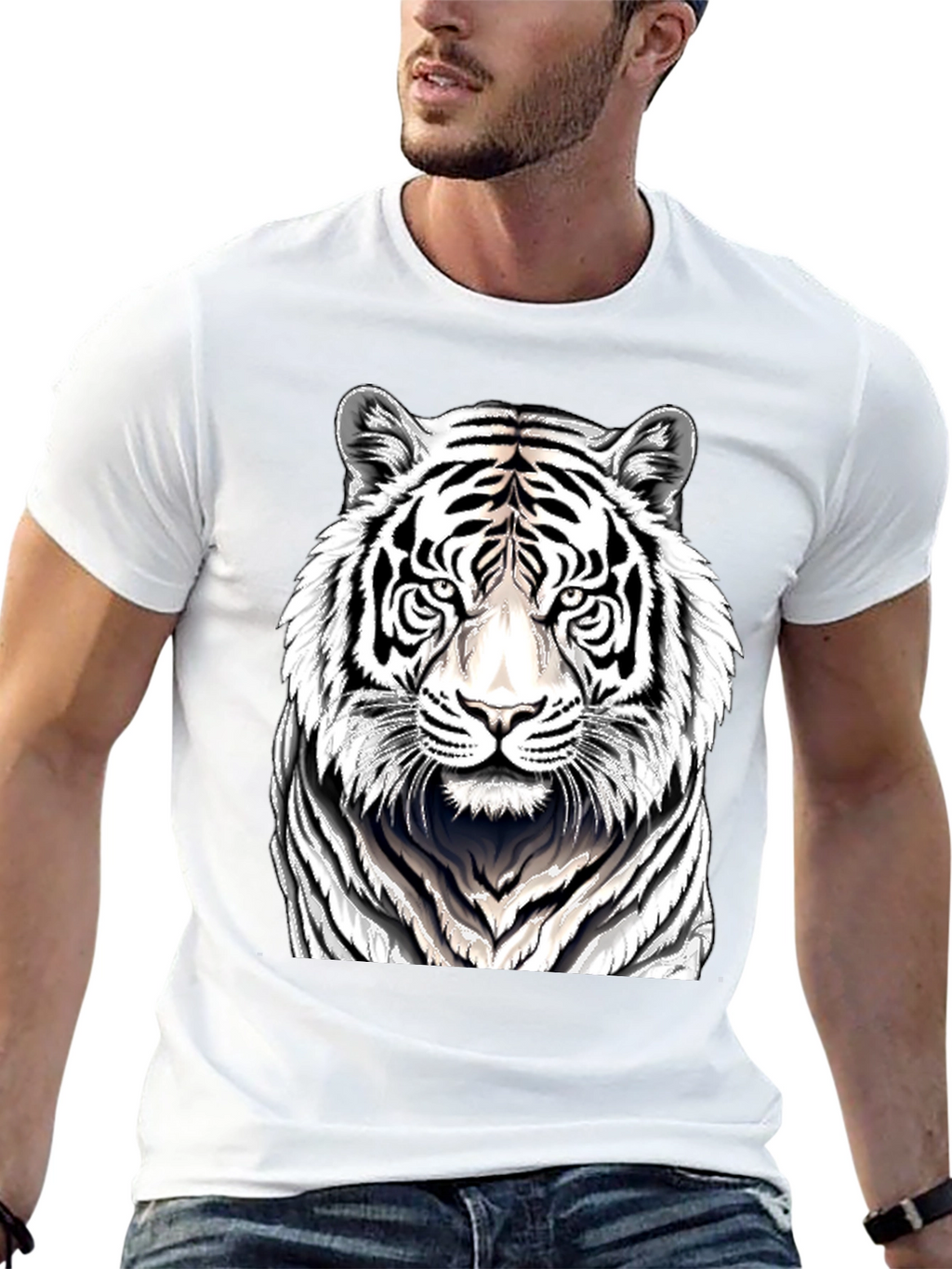 White Tiger Graphic Print Black T-Shirt
