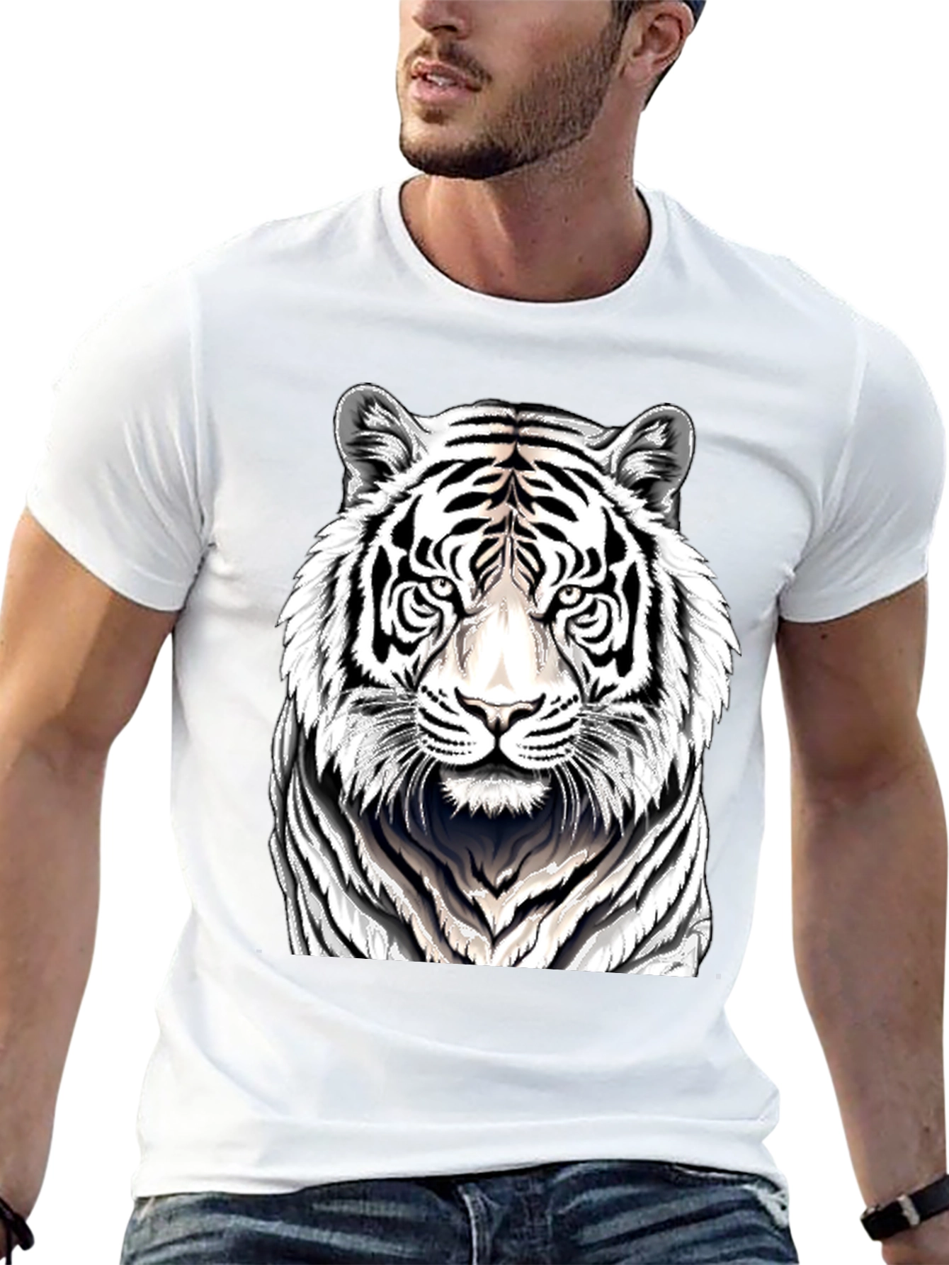 White Tiger Graphic Print Black T-Shirt