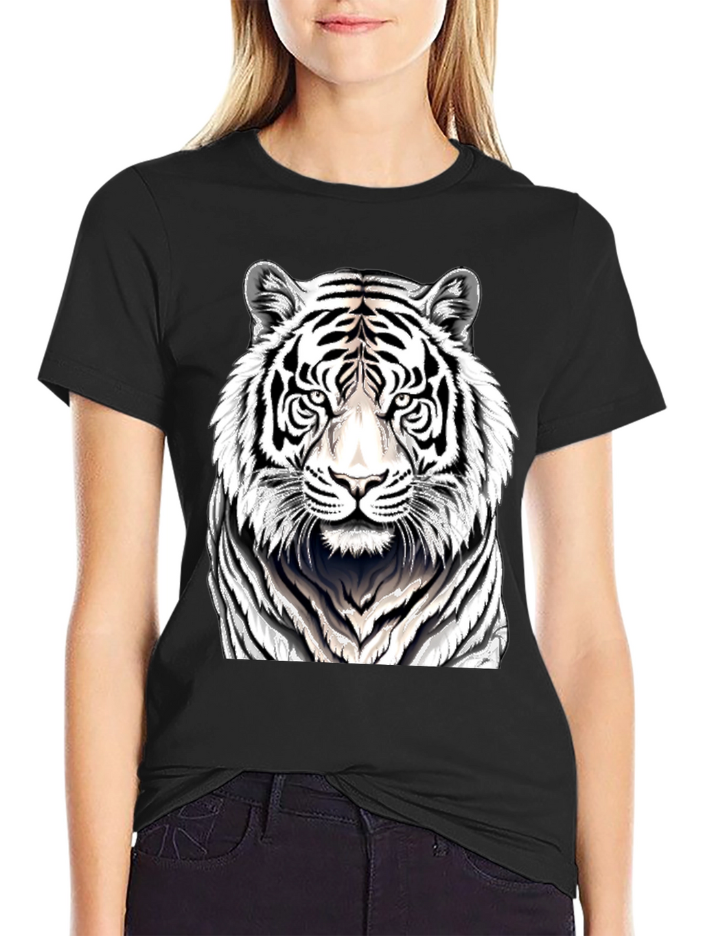 White Tiger Graphic Print Black T-Shirt