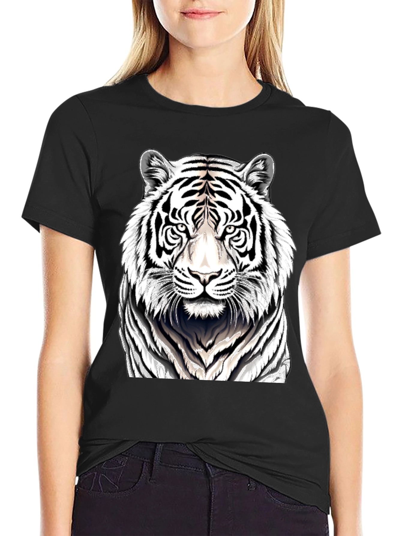 White Tiger Graphic Print Black T-Shirt