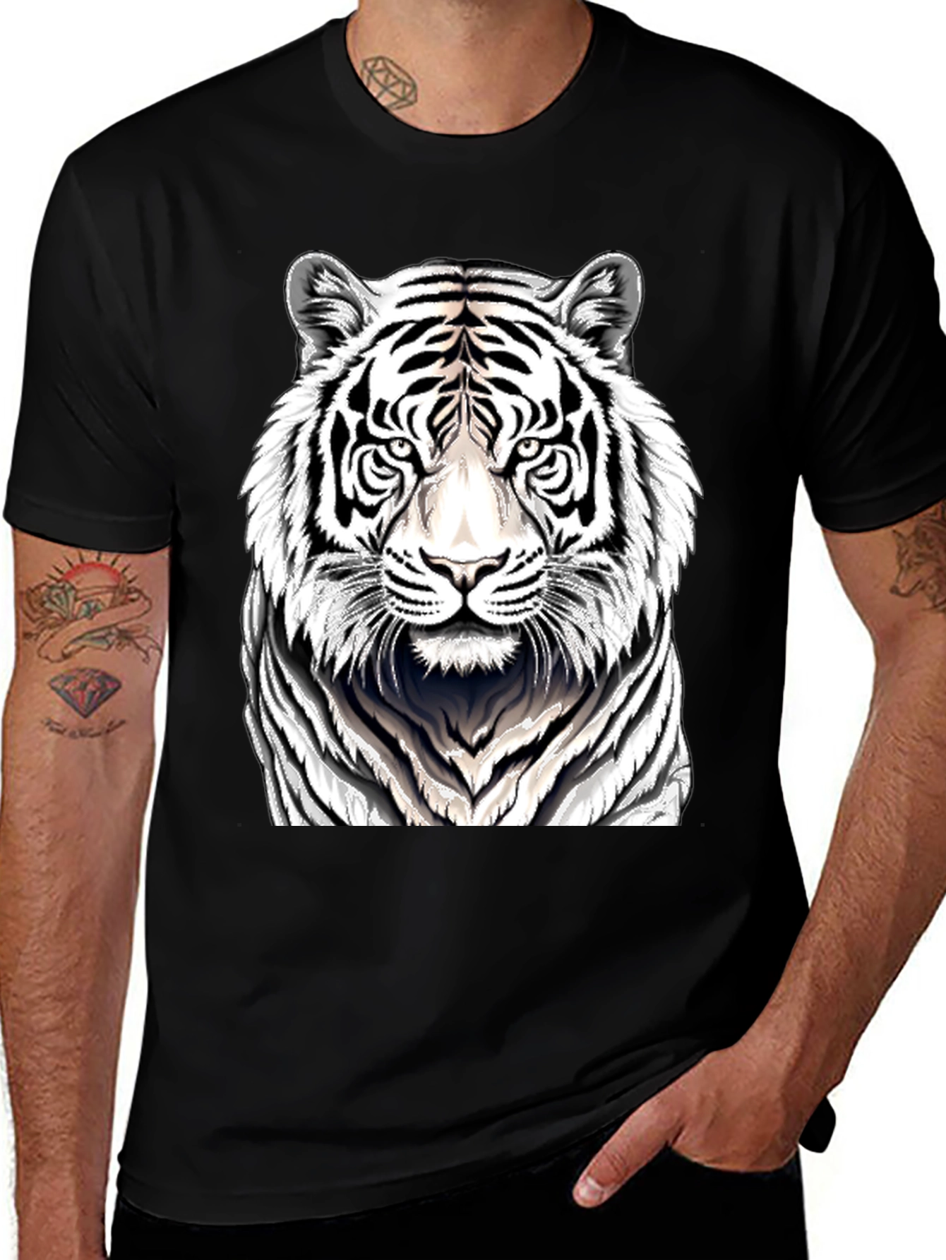 White Tiger Graphic Print Black T-Shirt