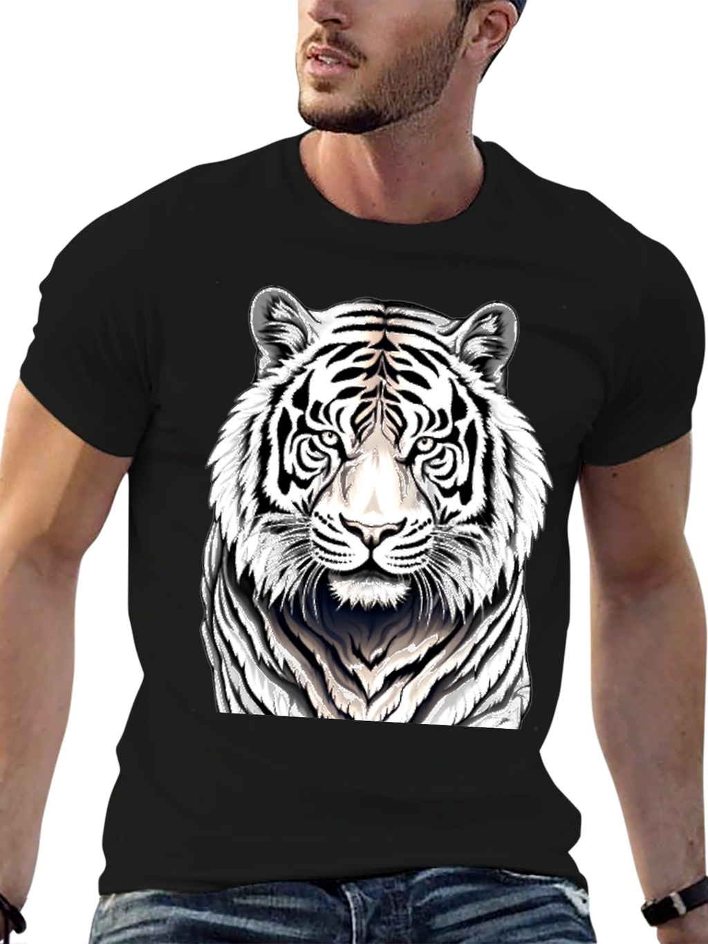 White Tiger Graphic Print Black T-Shirt