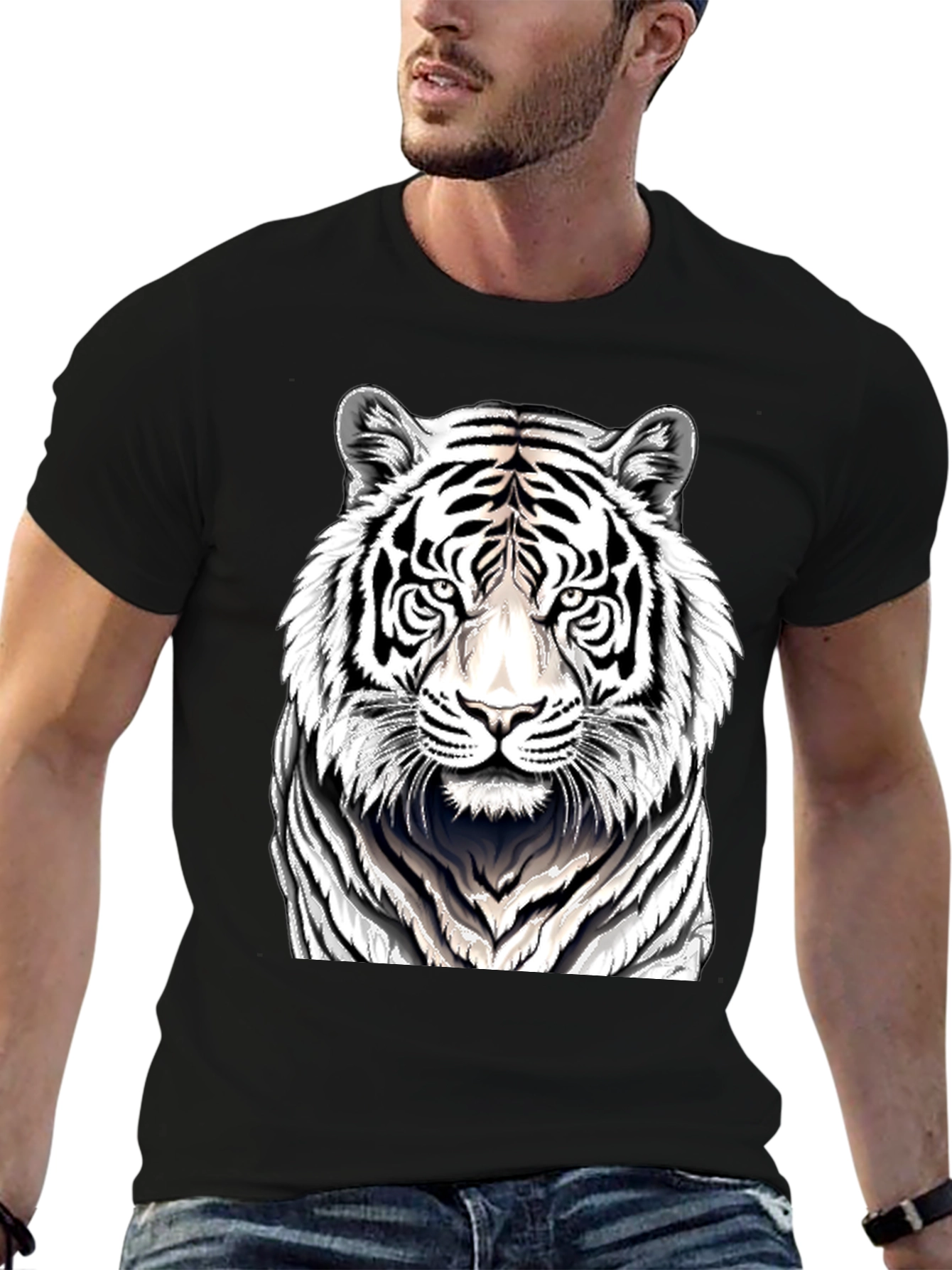 White Tiger Graphic Print Black T-Shirt