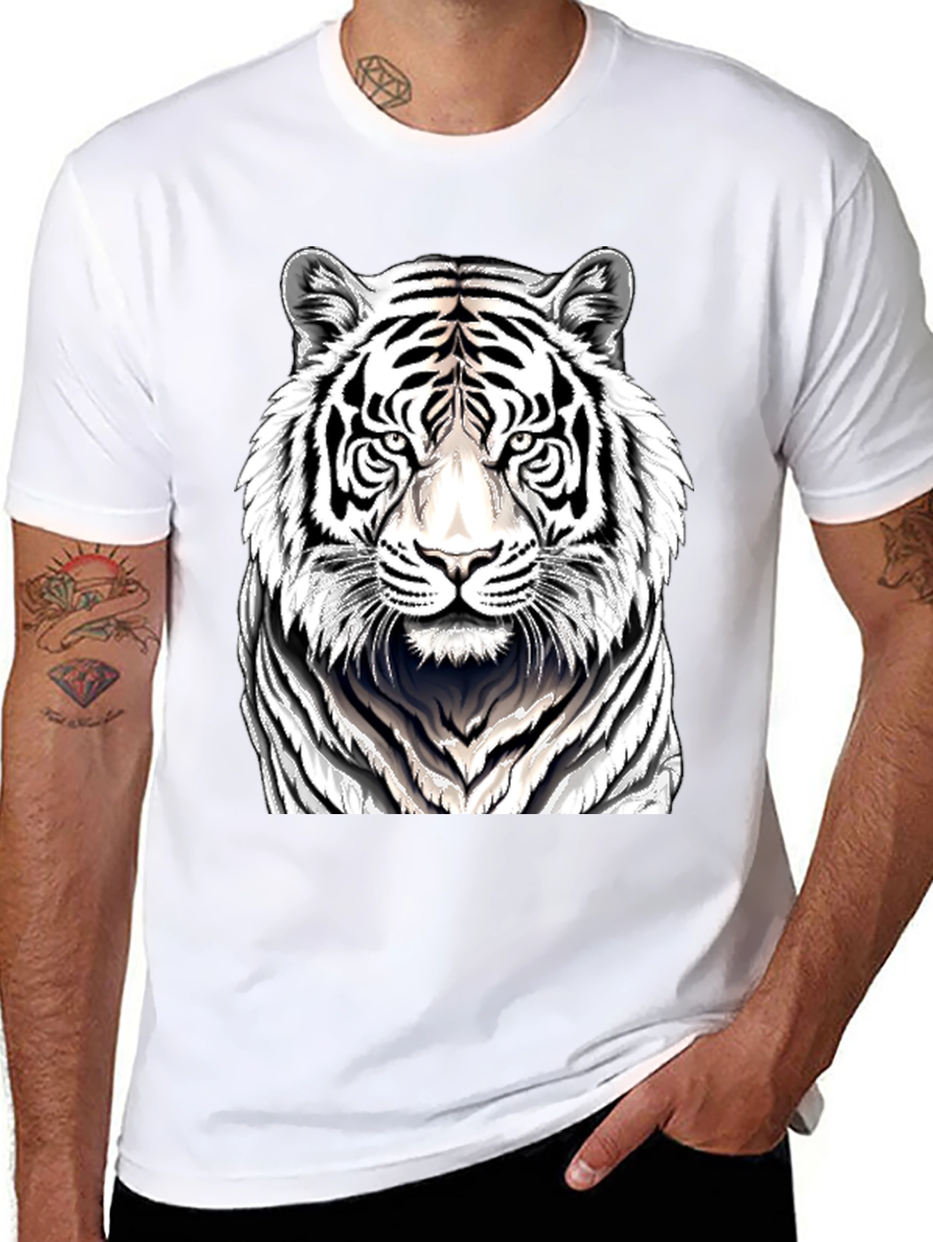 White Tiger Graphic Print Black T-Shirt