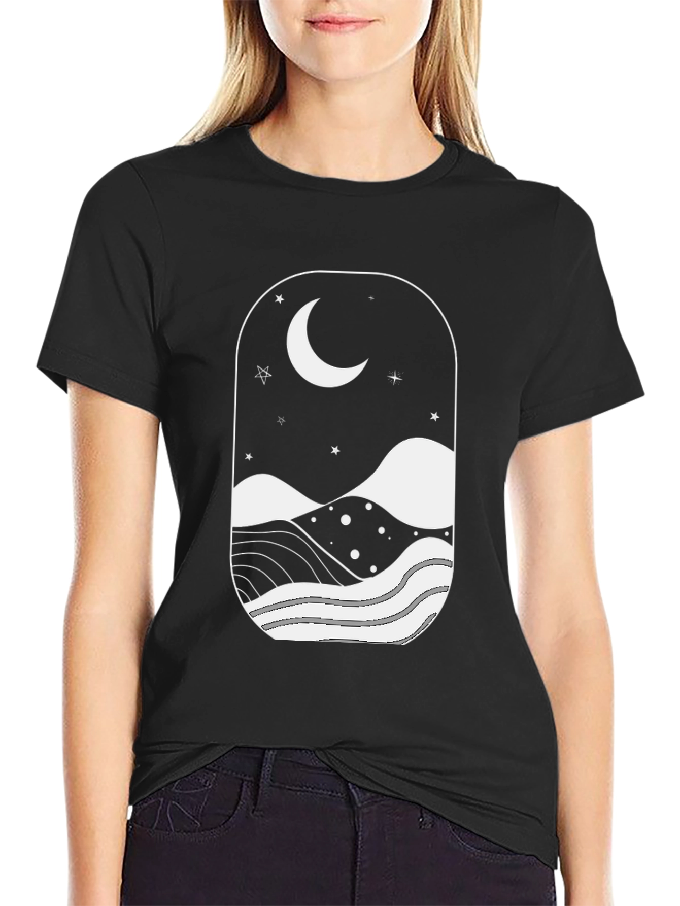 Moonlit Landscape Black Graphic T-Shirt