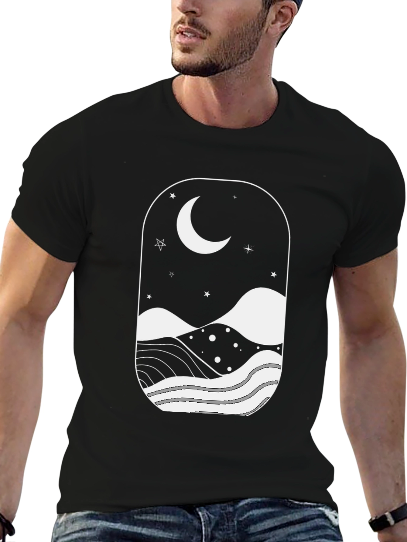 Moonlit Landscape Black Graphic T-Shirt