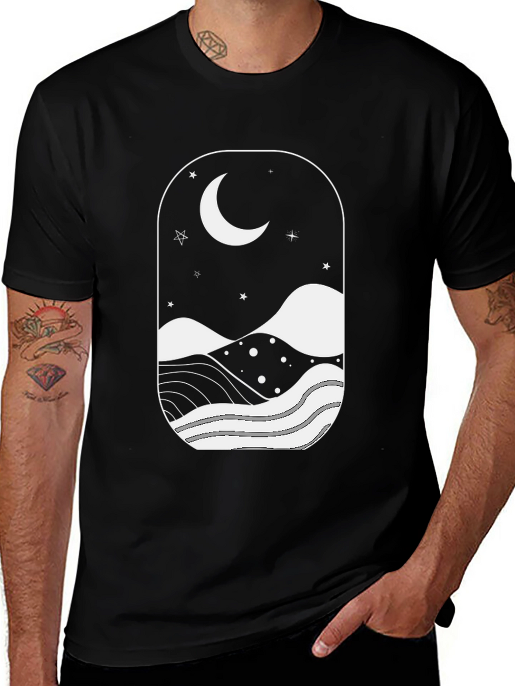 Moonlit Landscape Black Graphic T-Shirt