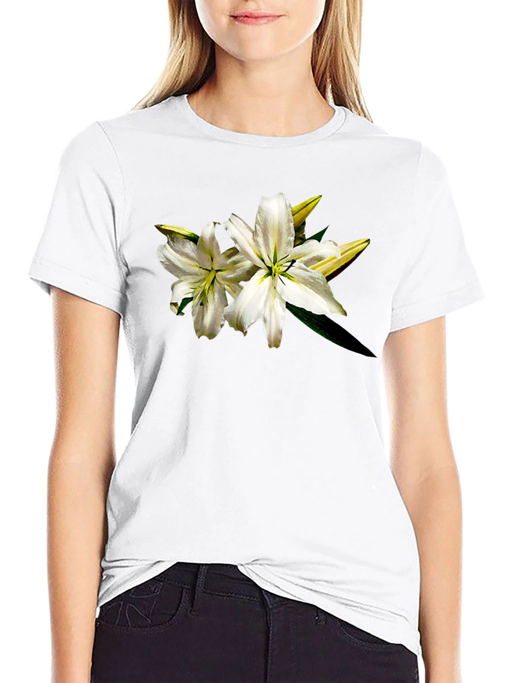 White Lily Graphic Tee - Black Cotton T-Shirt