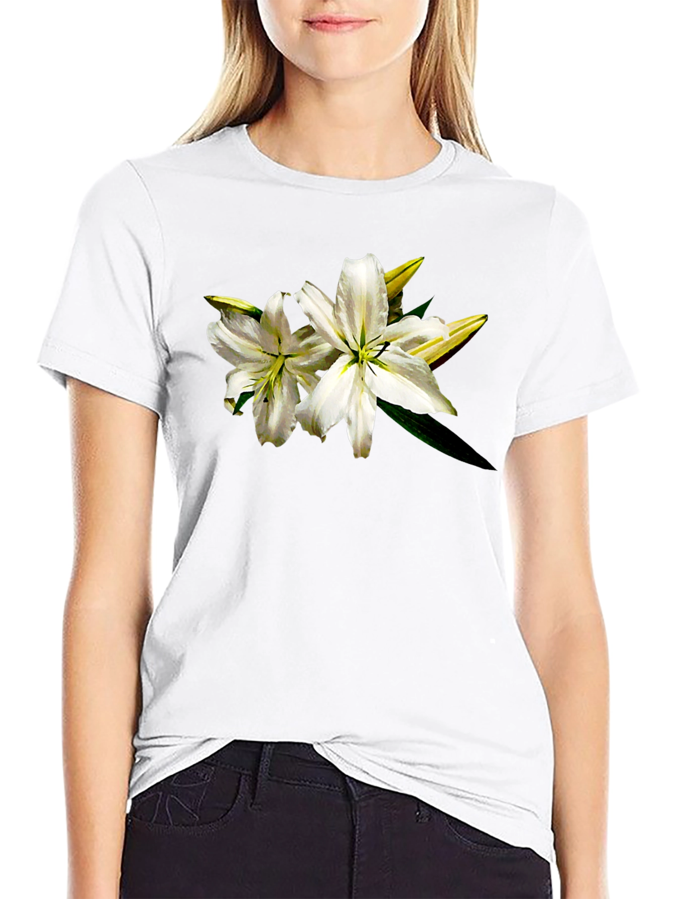 White Lily Graphic Tee - Black Cotton T-Shirt