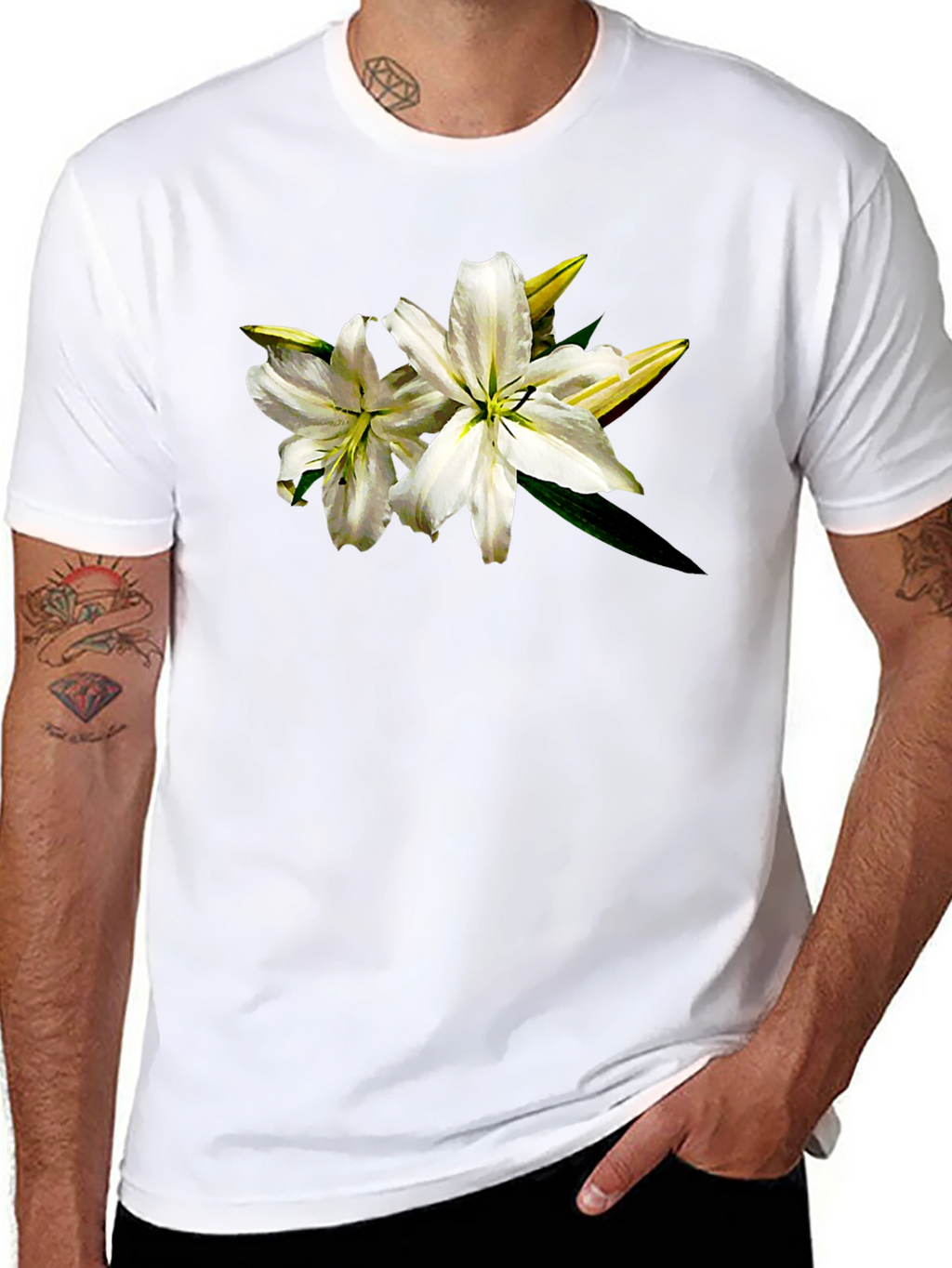 White Lily Graphic Tee - Black Cotton T-Shirt