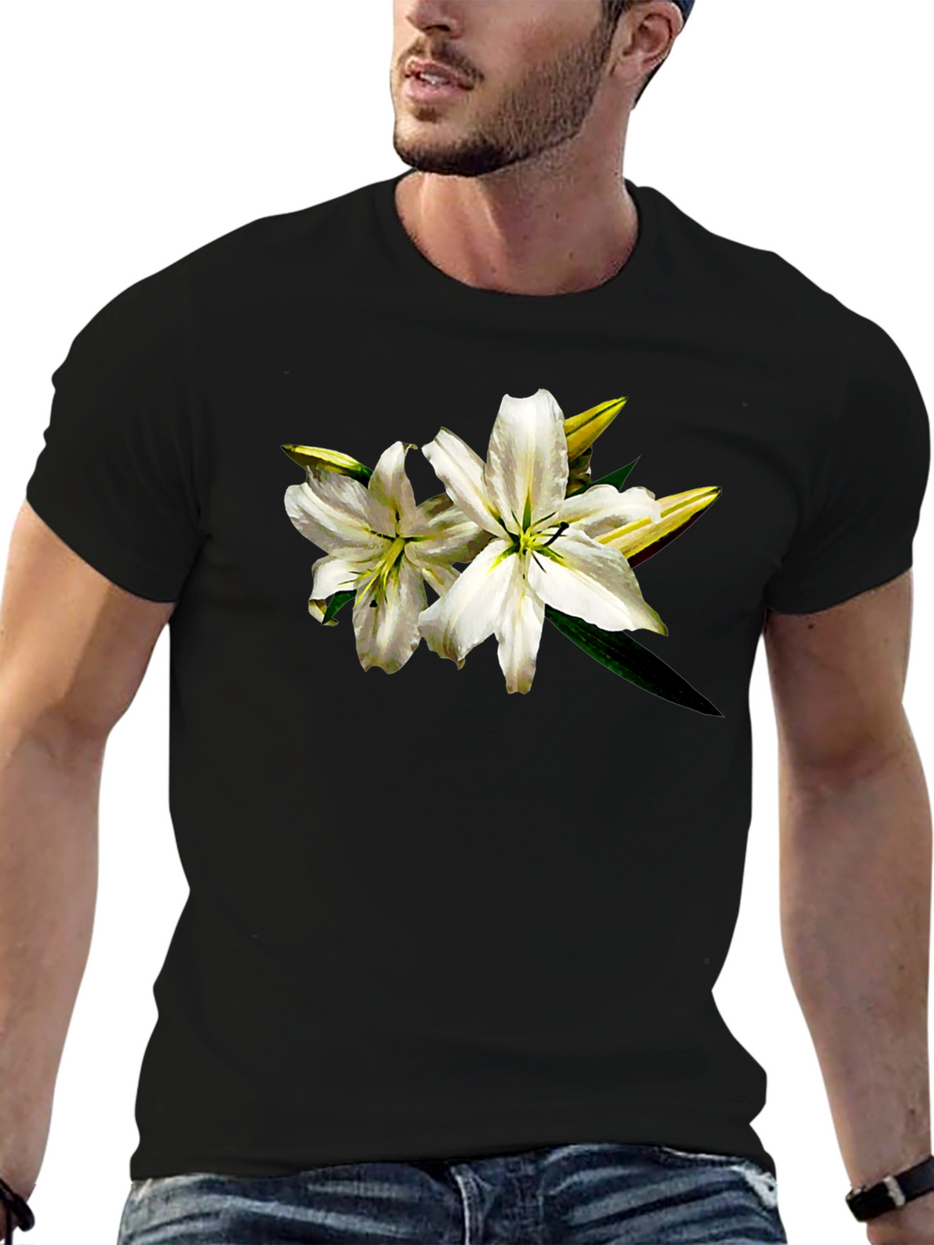 White Lily Graphic Tee - Black Cotton T-Shirt
