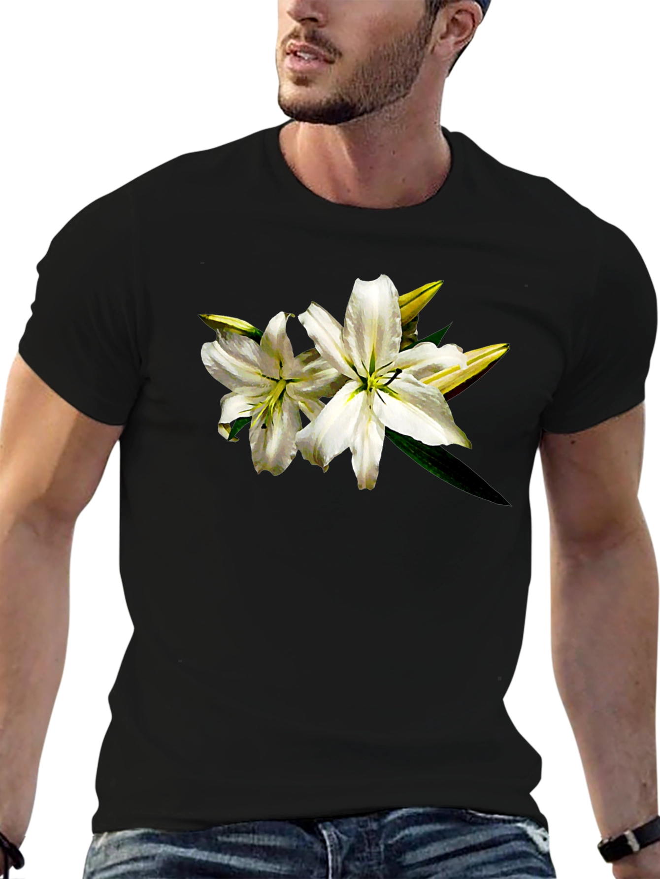 White Lily Graphic Tee - Black Cotton T-Shirt
