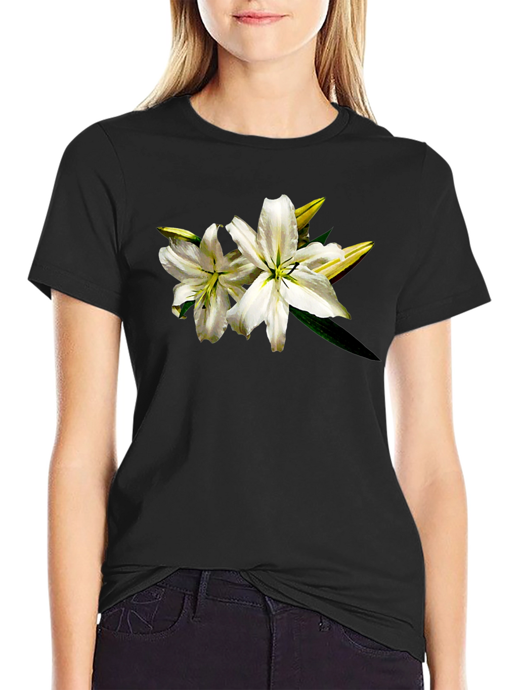 White Lily Graphic Tee - Black Cotton T-Shirt