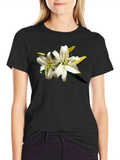 White Lily Graphic Tee - Black Cotton T-Shirt