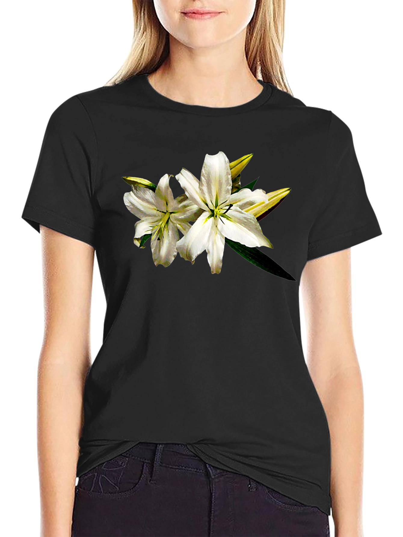 White Lily Graphic Tee - Black Cotton T-Shirt