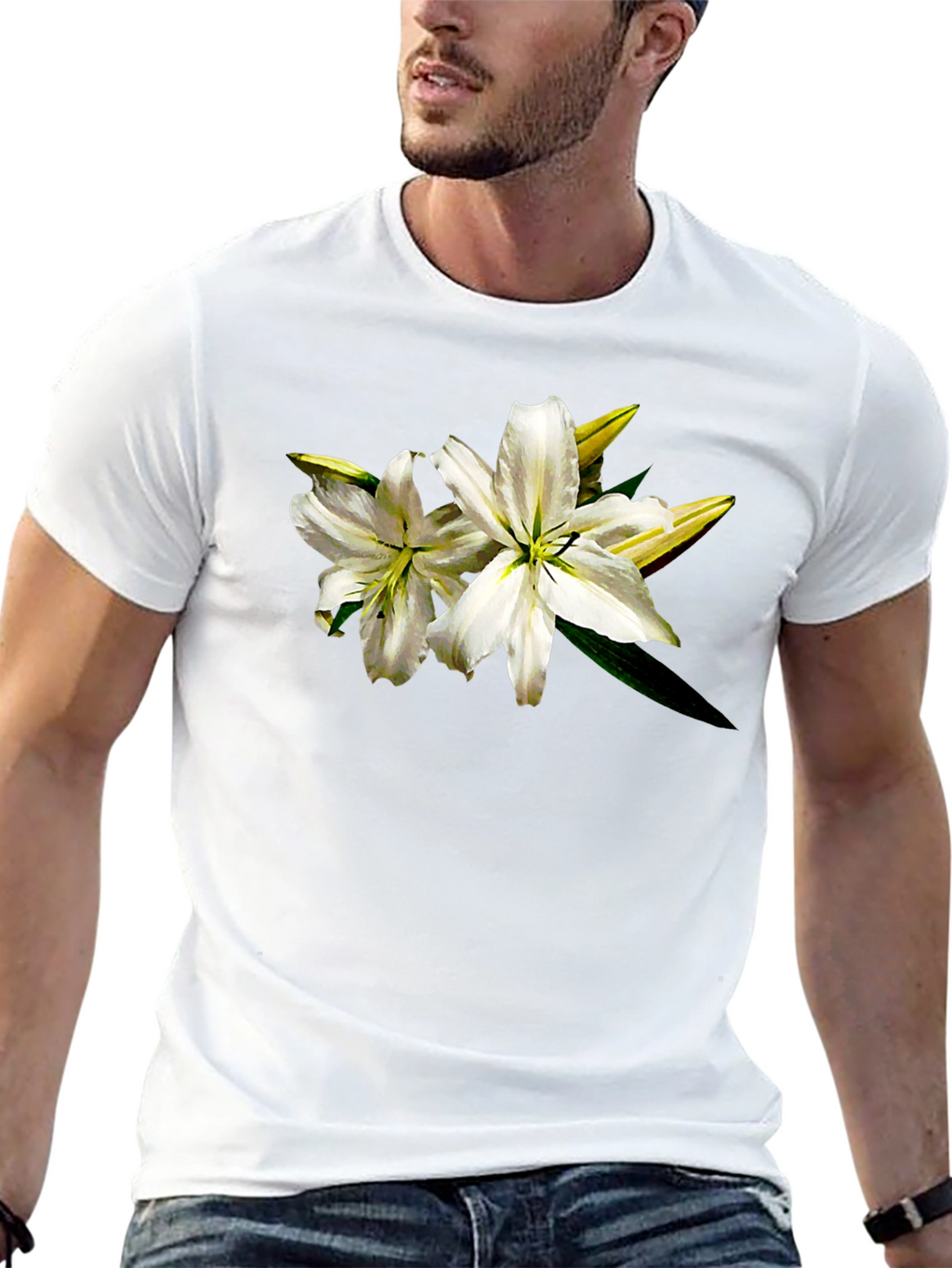 White Lily Graphic Tee - Black Cotton T-Shirt
