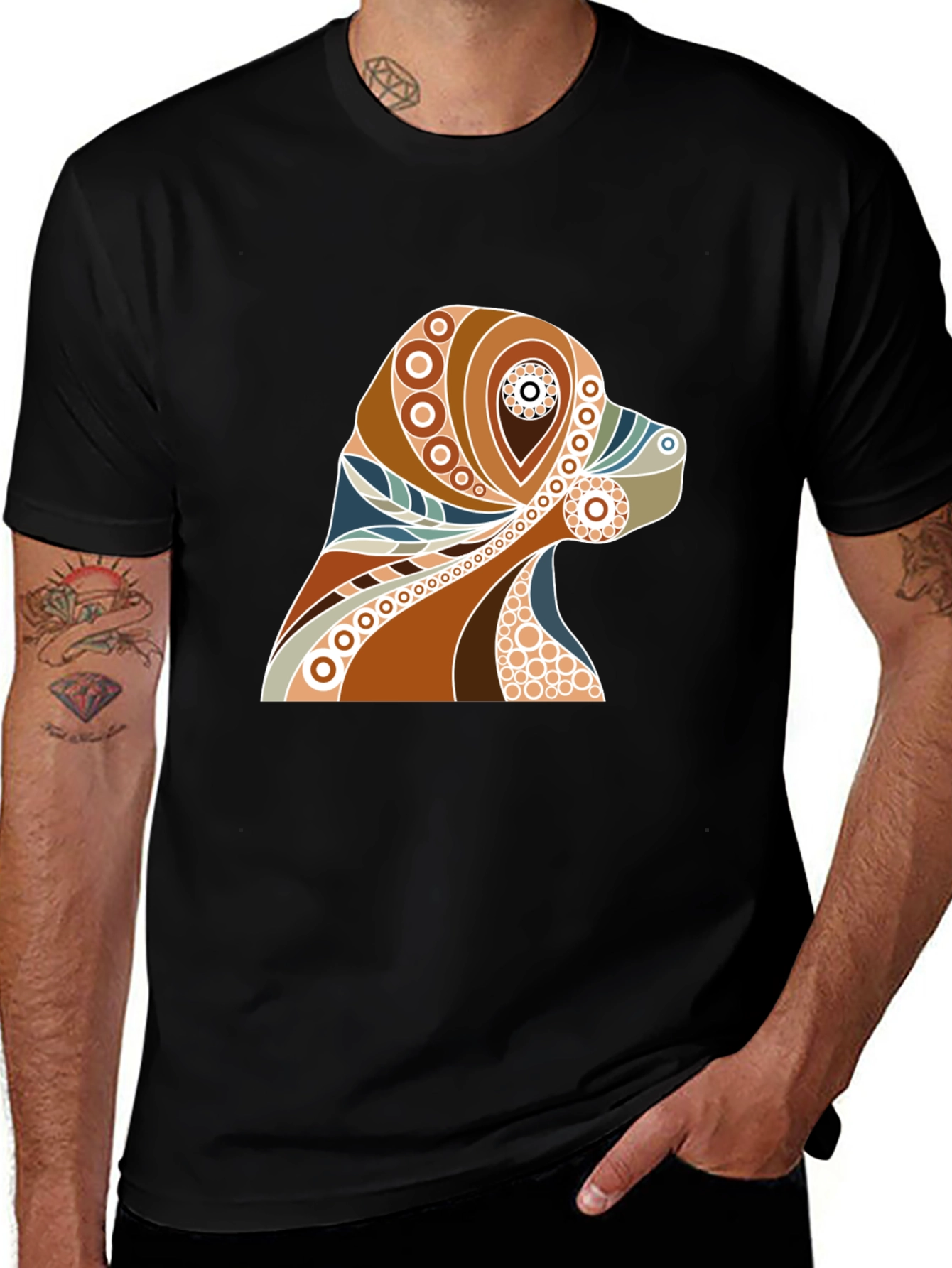 Dog Art Print Mens Black Graphic T-Shirt