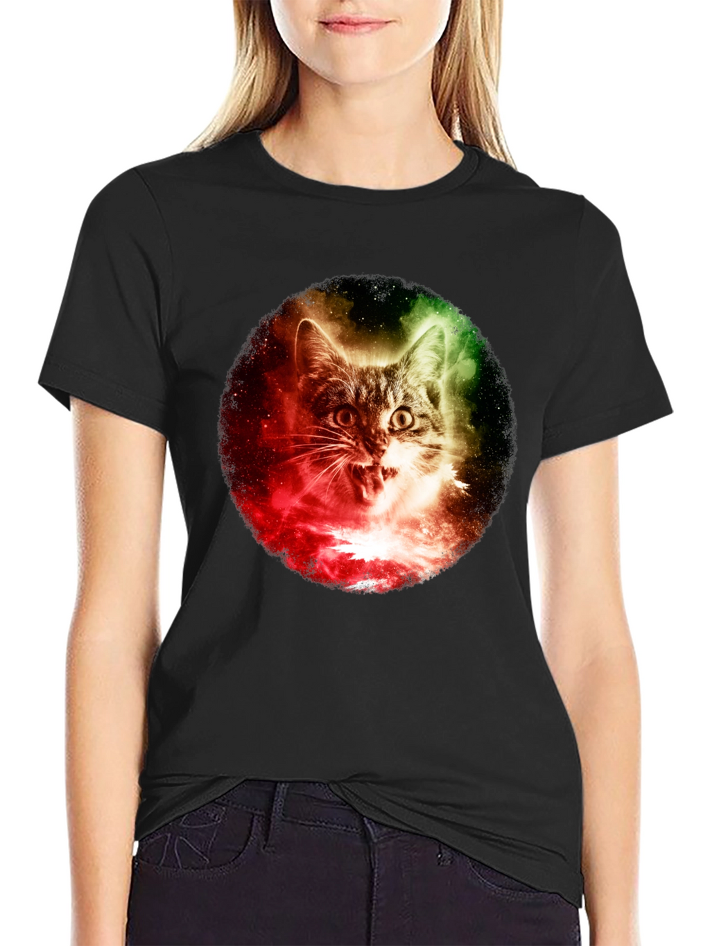 Cosmic Cat Graphic T-Shirt - Black