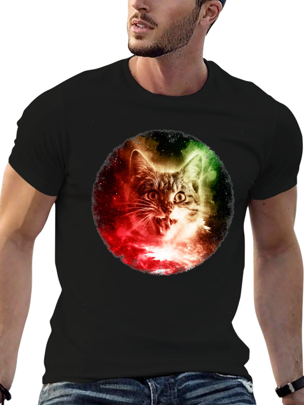 Cosmic Cat Graphic T-Shirt - Black