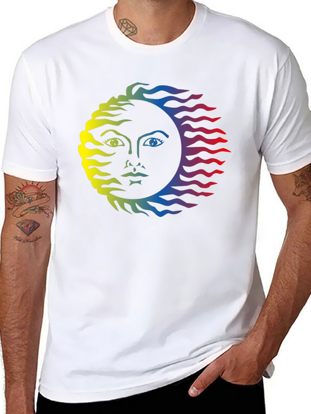 Rainbow Sun Face Graphic Tee - Black Cotton T-Shirt