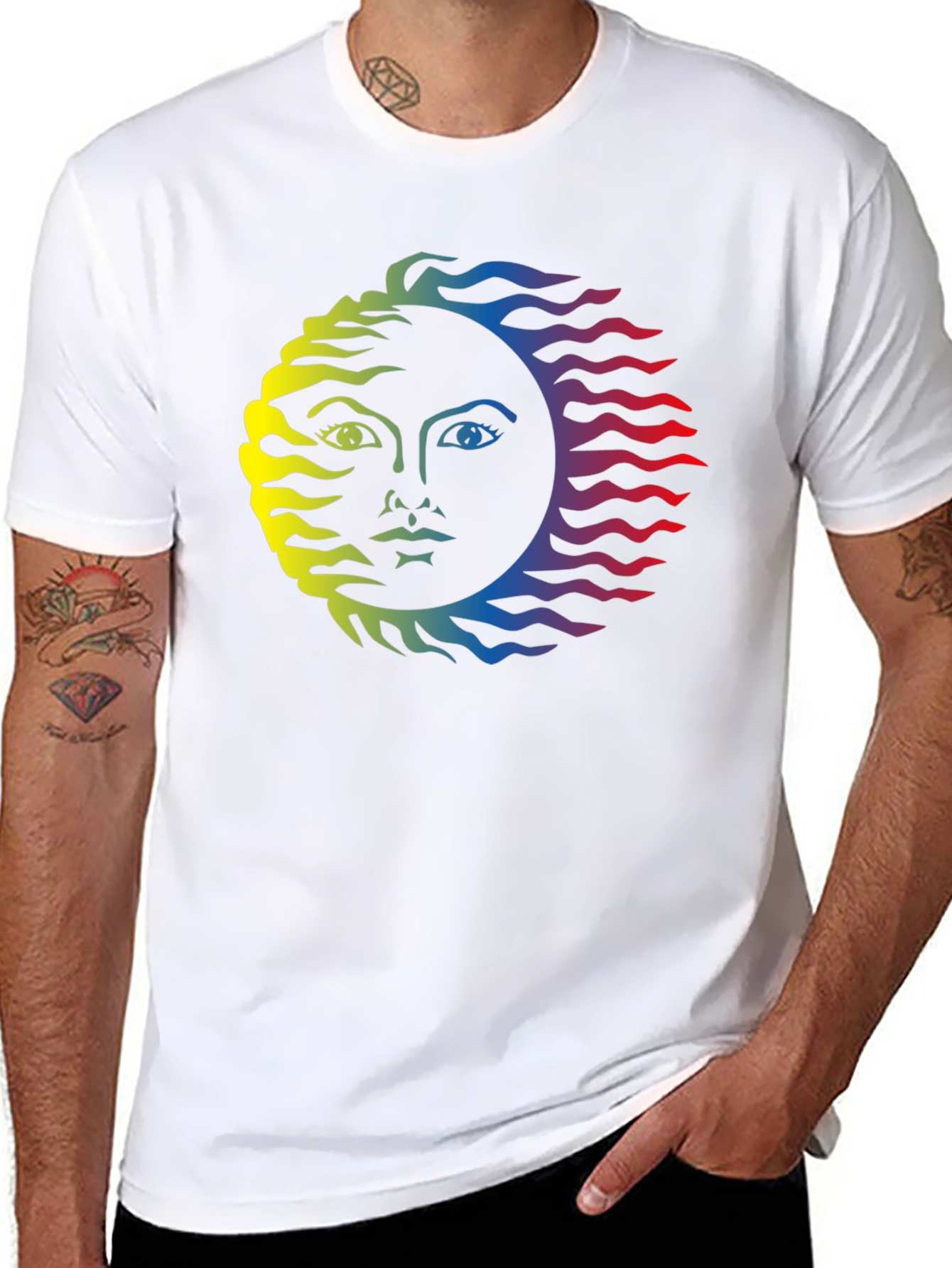 Rainbow Sun Face Graphic Tee - Black Cotton T-Shirt