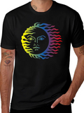 Rainbow Sun Face Graphic Tee - Black Cotton T-Shirt