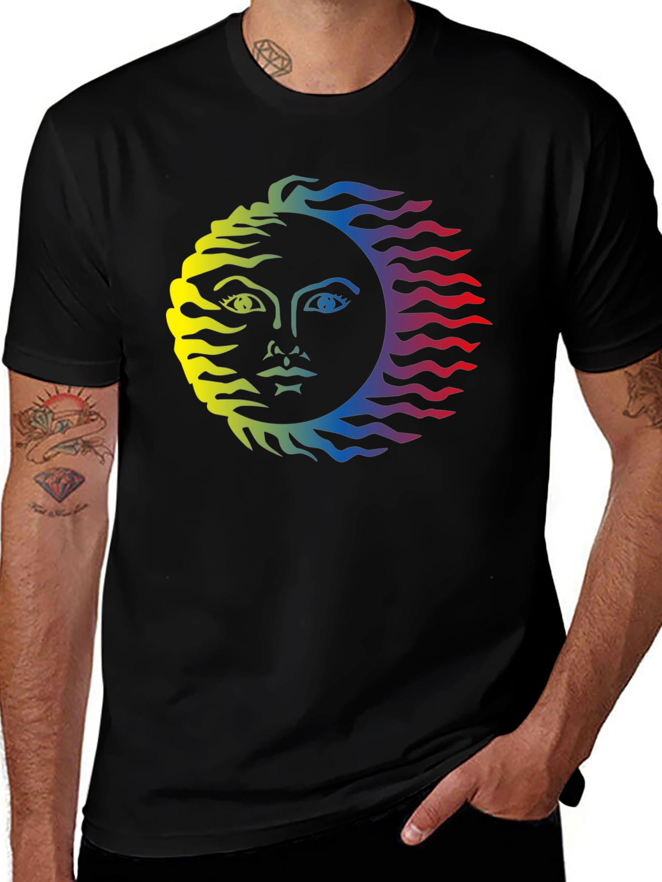 Rainbow Sun Face Graphic Tee - Black Cotton T-Shirt
