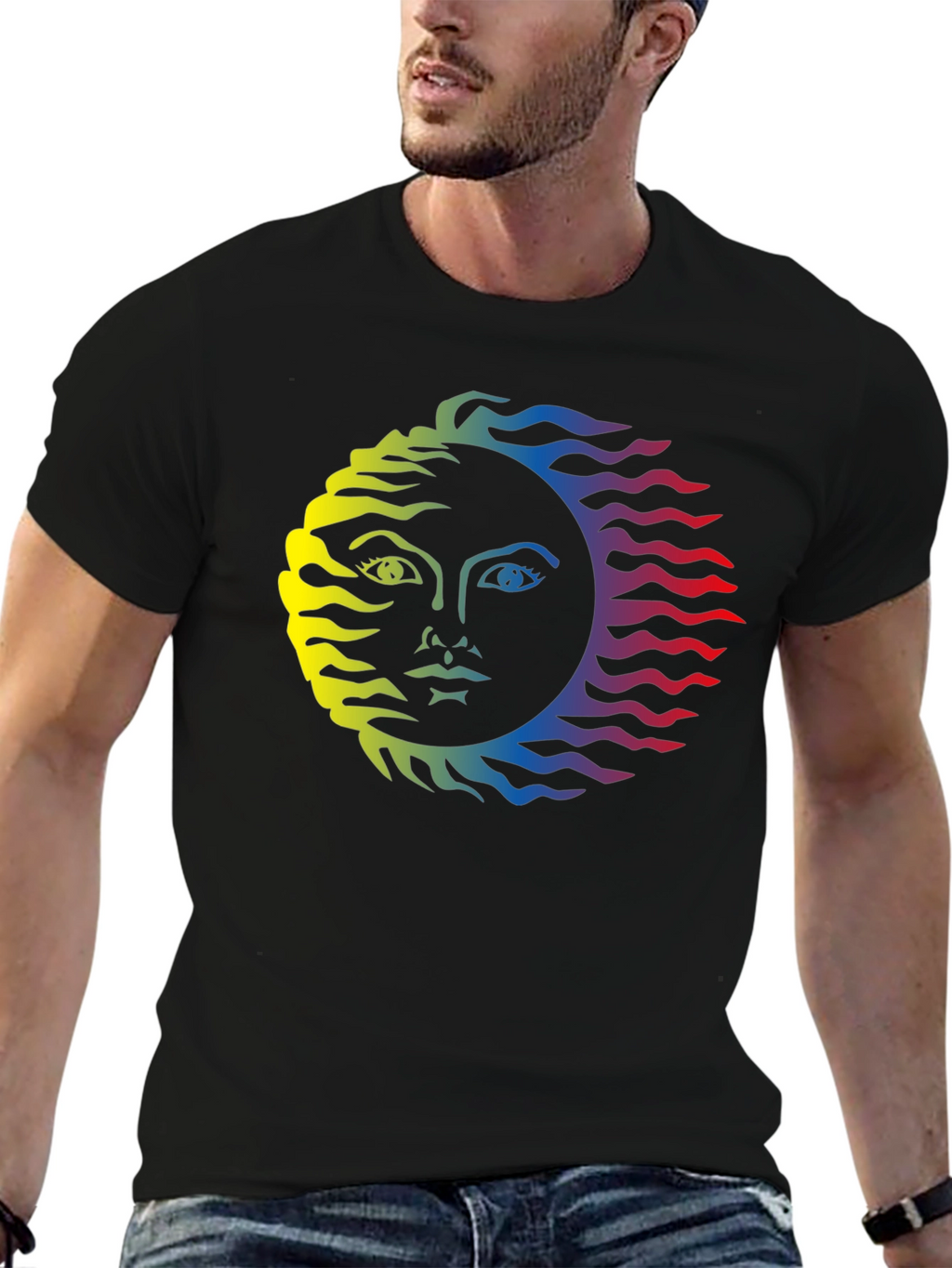 Rainbow Sun Face Graphic Tee - Black Cotton T-Shirt