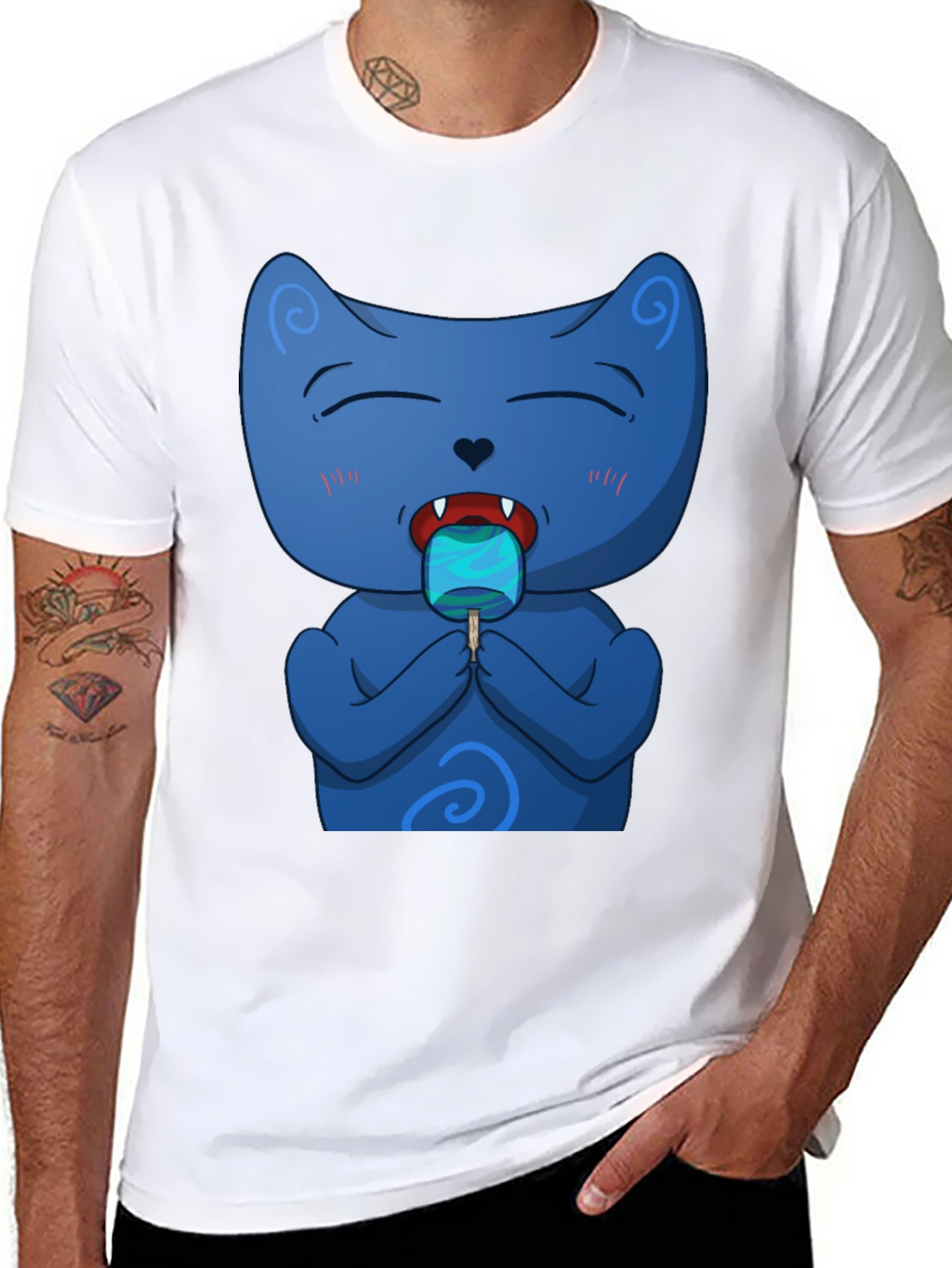 Cool Cat Licking Popsicle Black T-Shirt