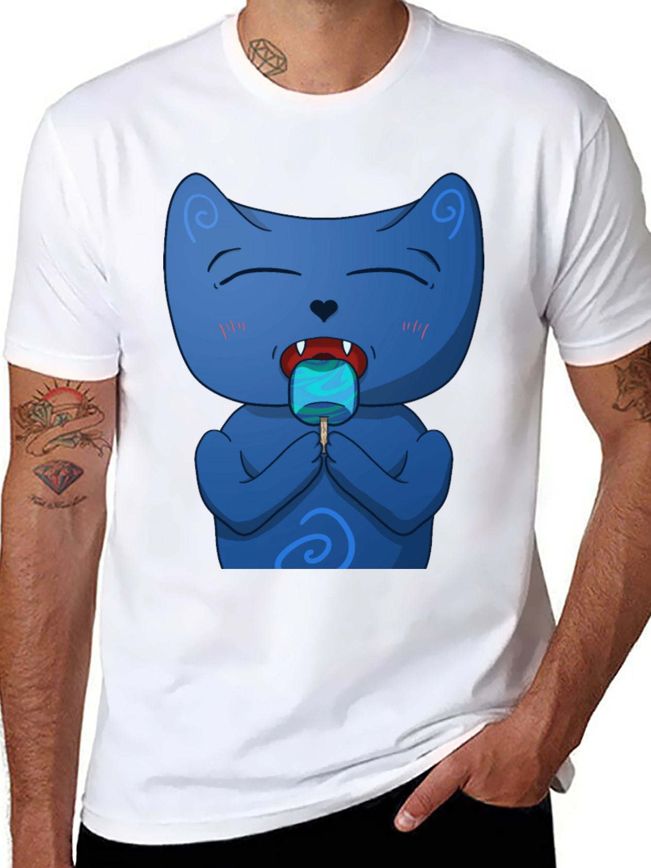 Cool Cat Licking Popsicle Black T-Shirt