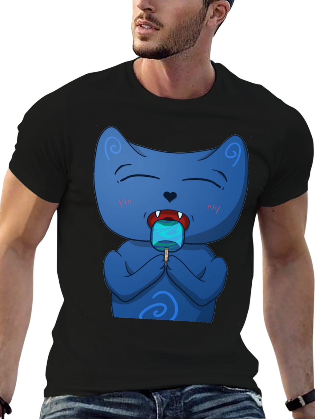 Cool Cat Licking Popsicle Black T-Shirt
