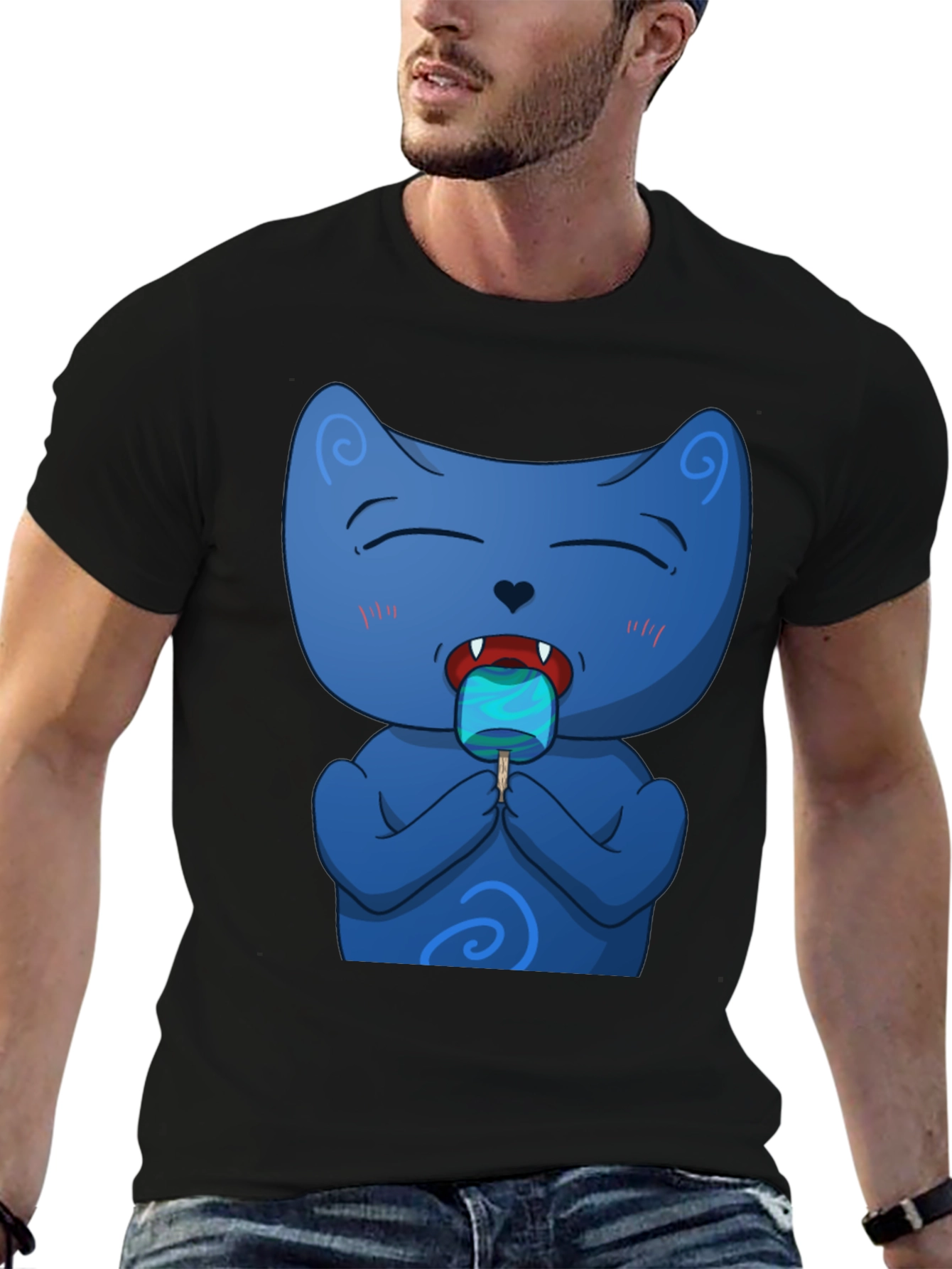 Cool Cat Licking Popsicle Black T-Shirt