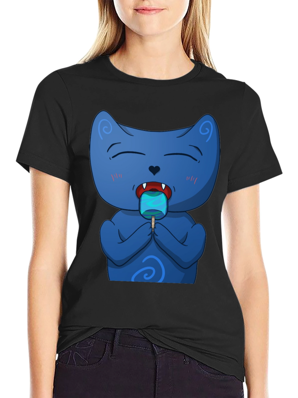 Cool Cat Licking Popsicle Black T-Shirt