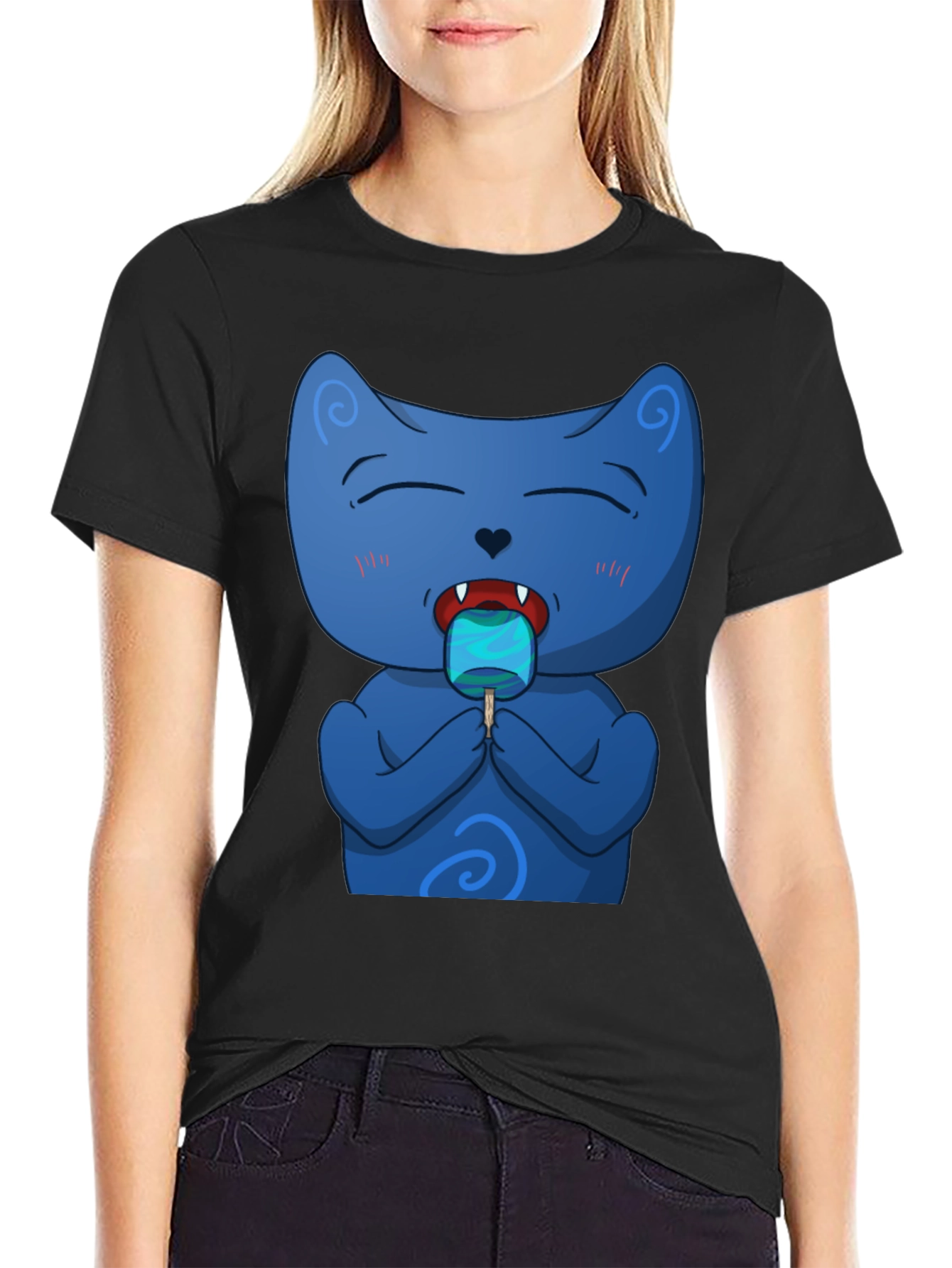 Cool Cat Licking Popsicle Black T-Shirt