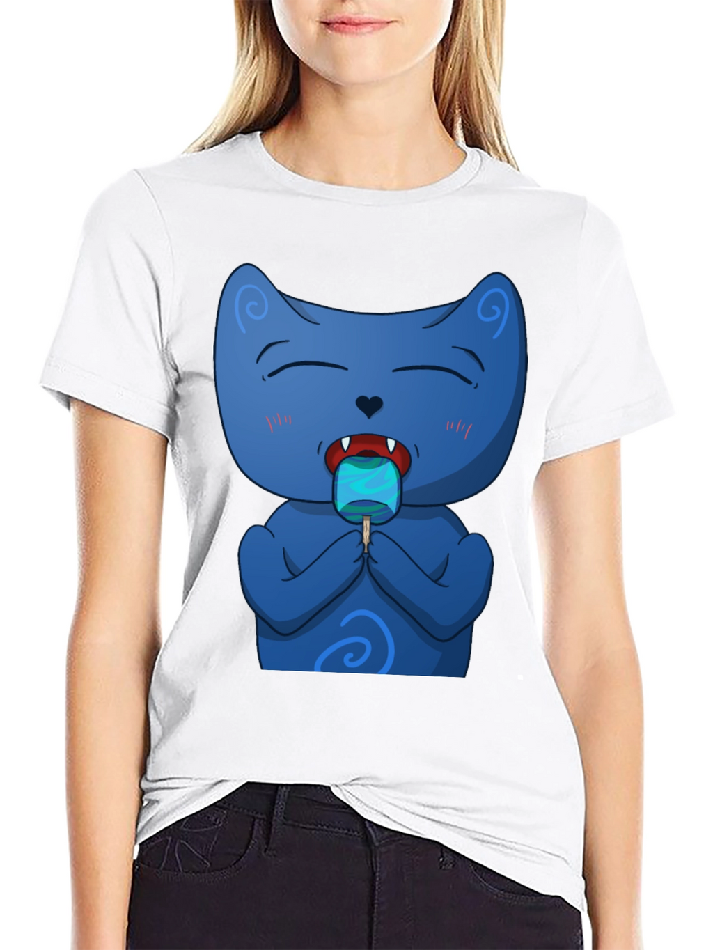 Cool Cat Licking Popsicle Black T-Shirt