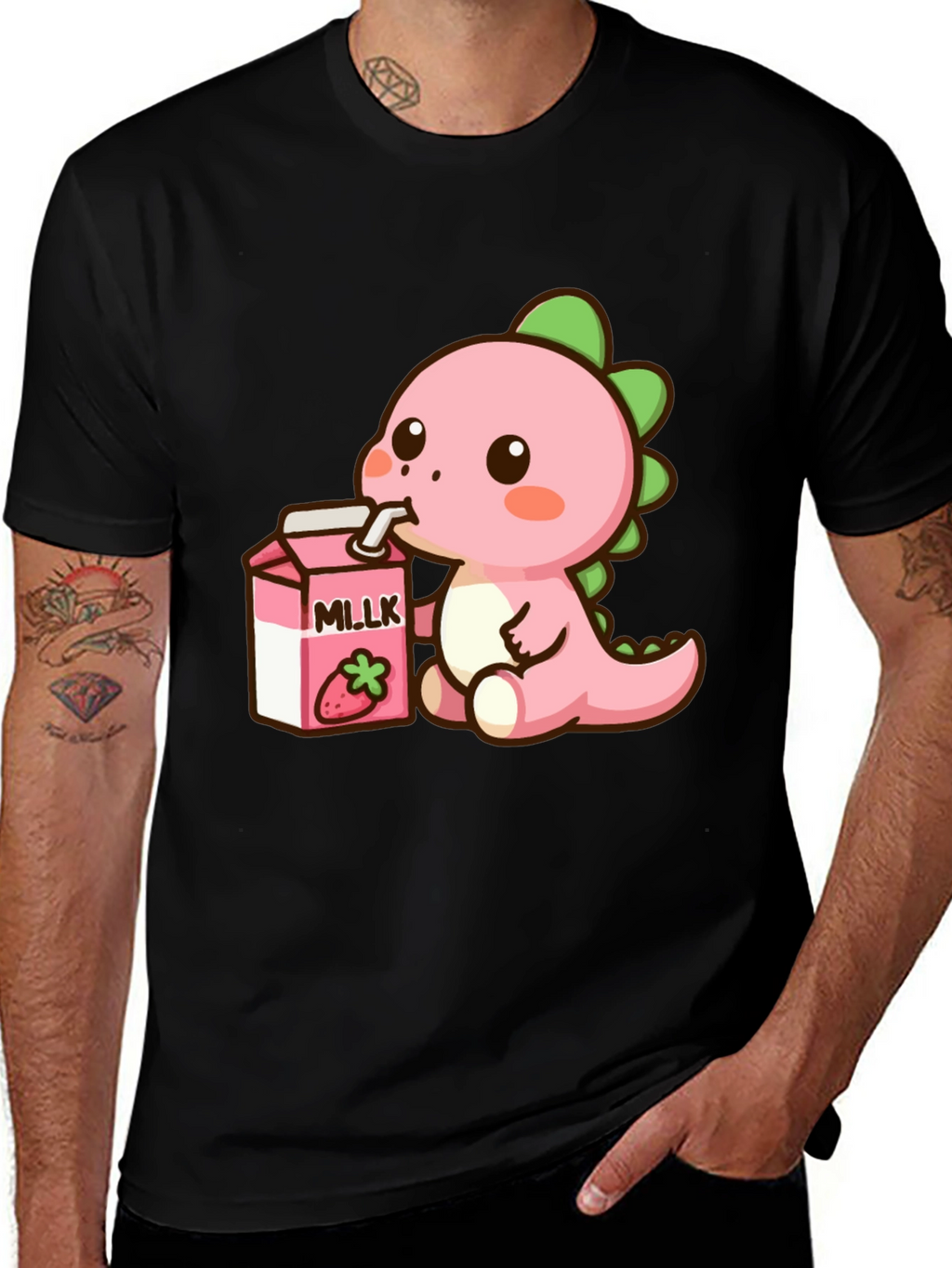 Cute Dino Drinking Strawberry Milk T-Shirt