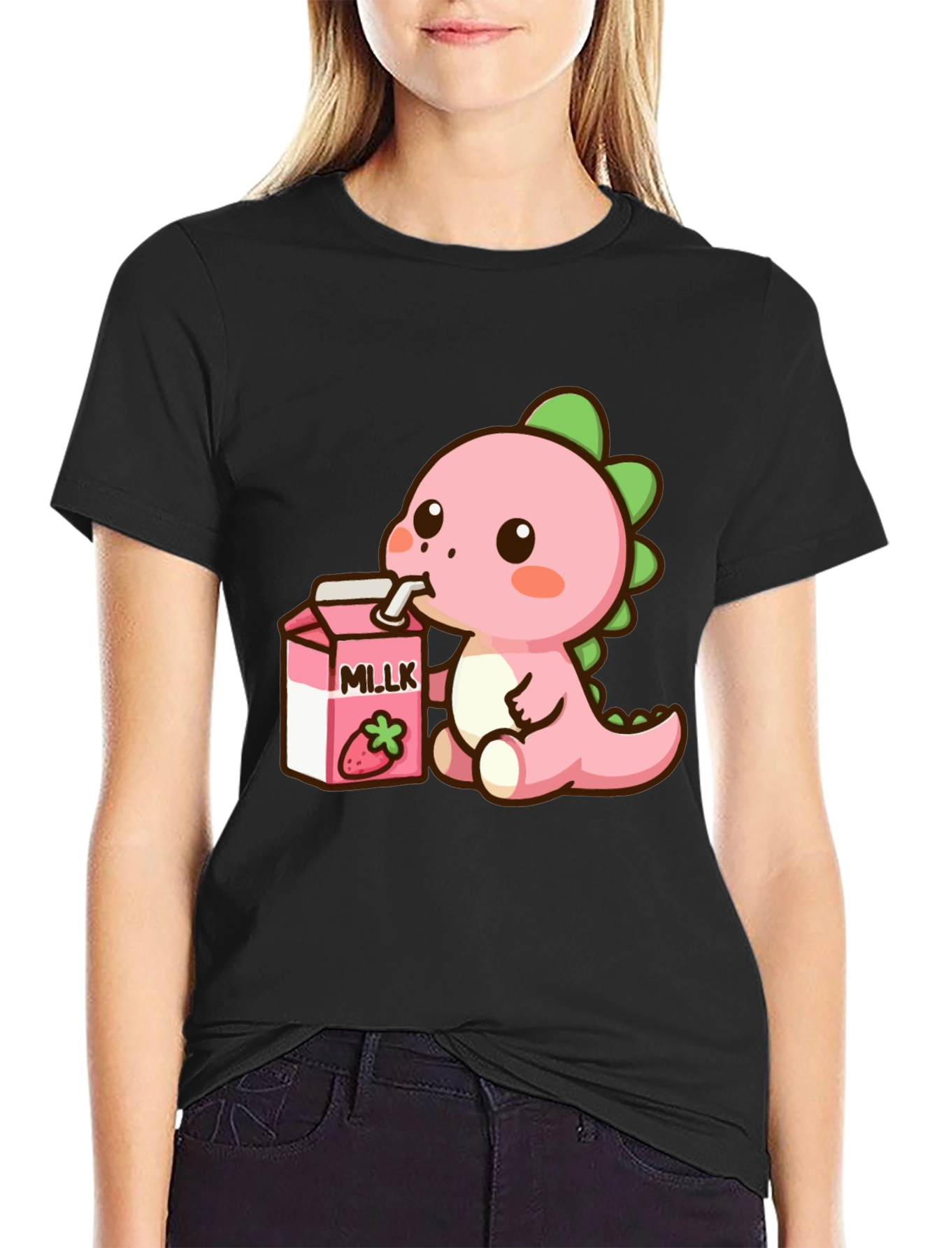 Cute Dino Drinking Strawberry Milk T-Shirt