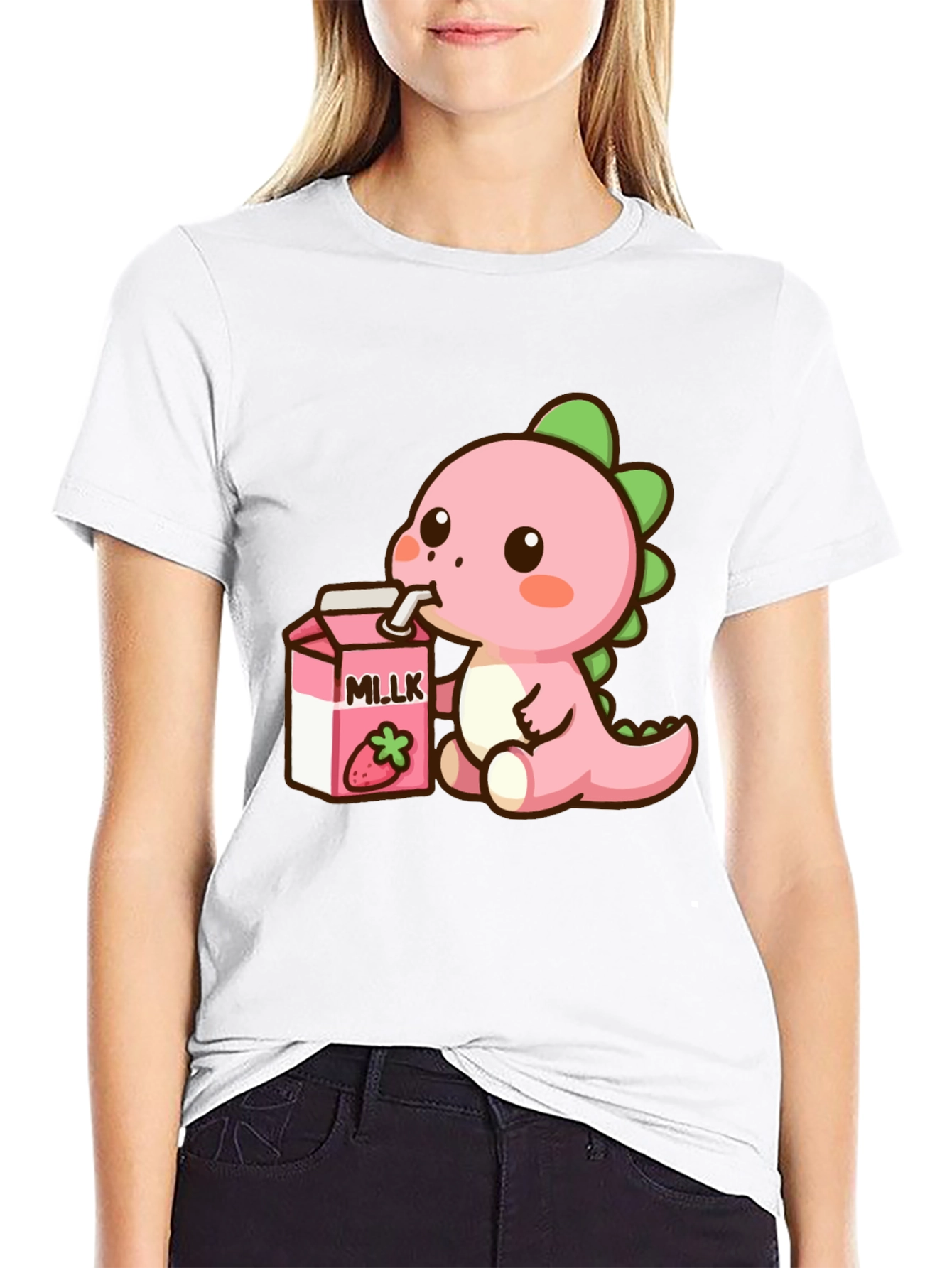 Cute Dino Drinking Strawberry Milk T-Shirt
