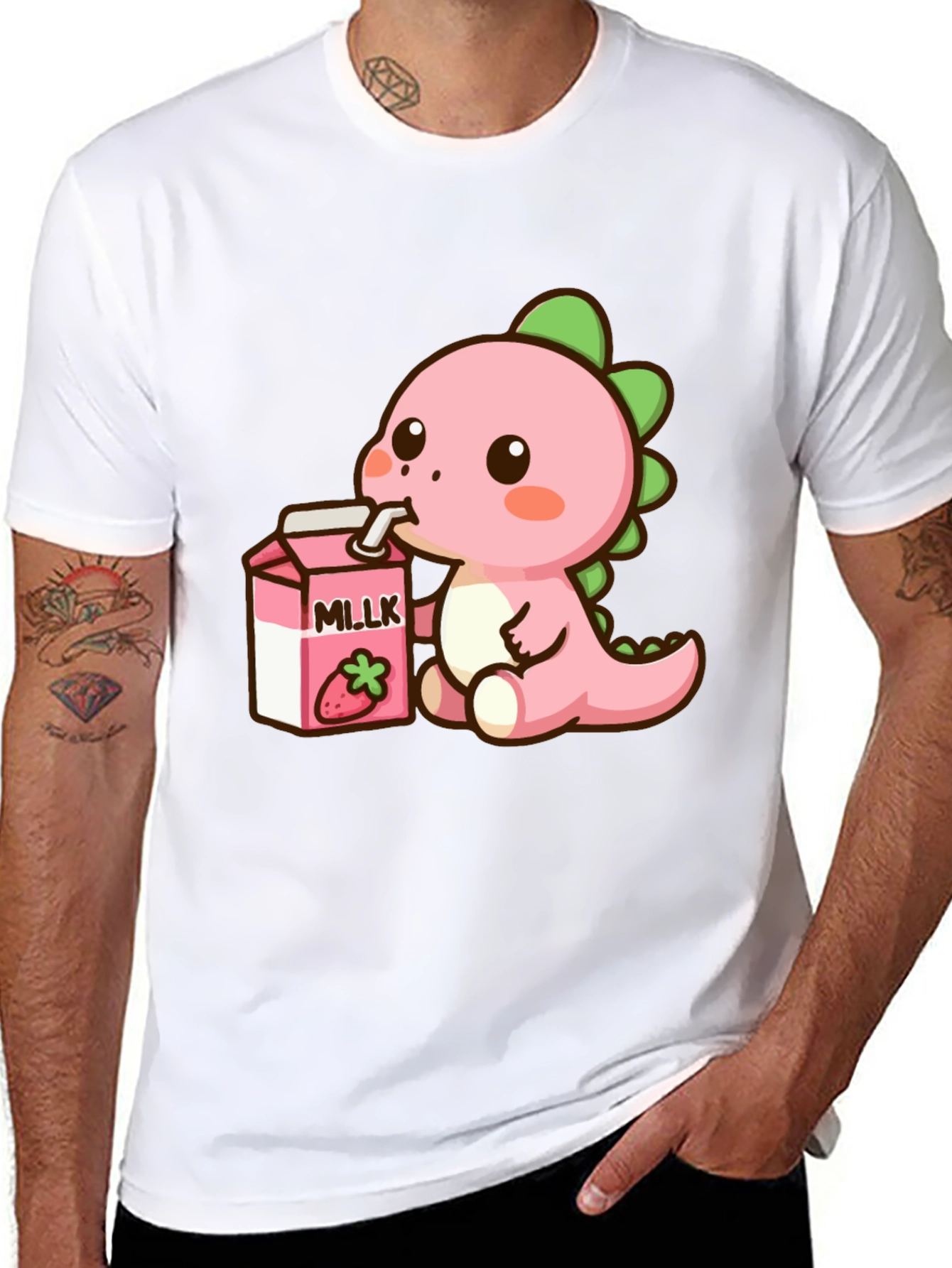 Cute Dino Drinking Strawberry Milk T-Shirt