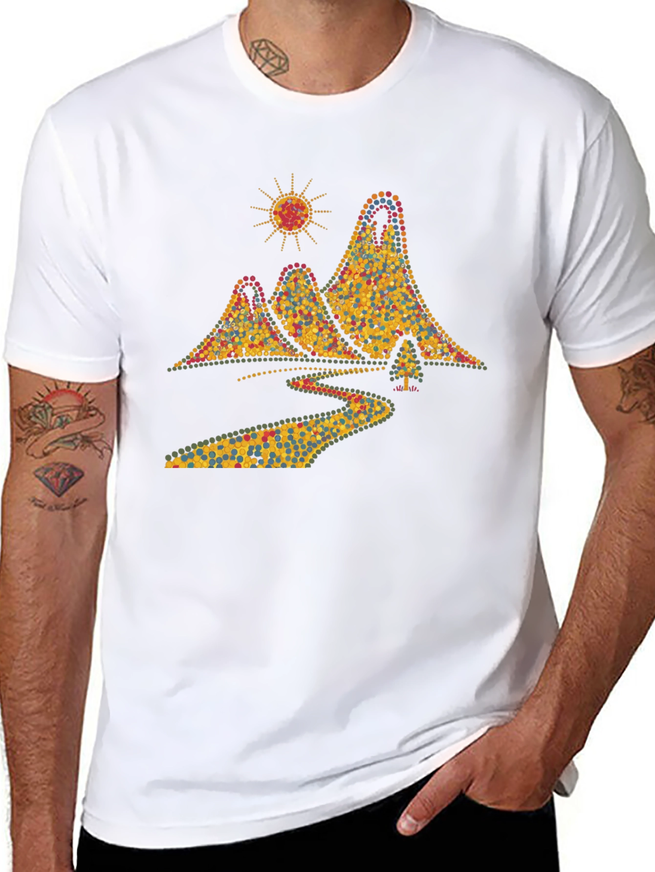Scenic Mountain Dot Art Mens Black T-Shirt
