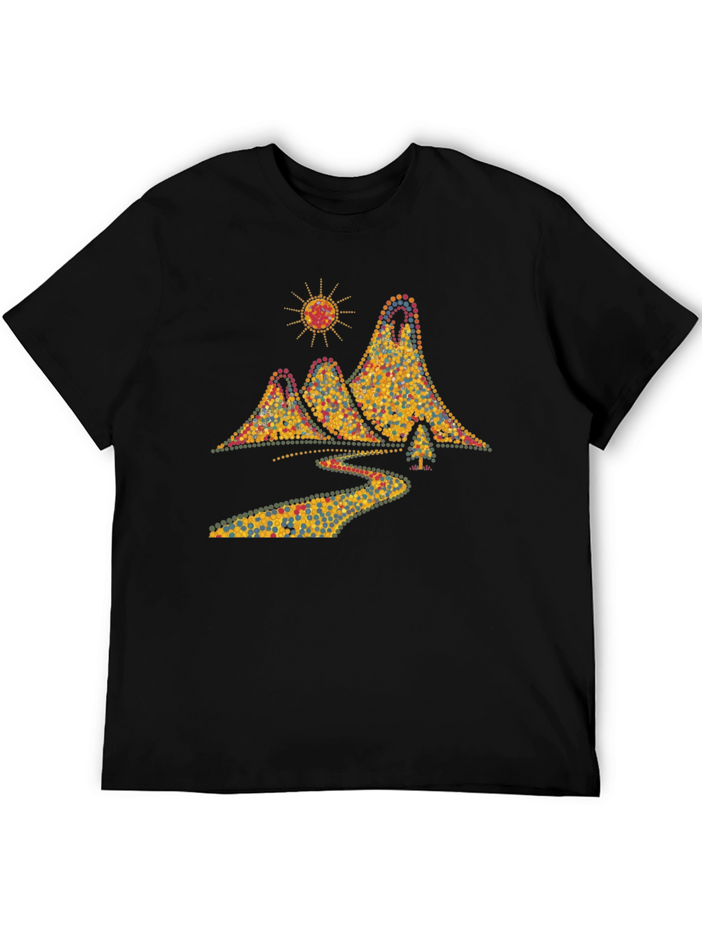 Scenic Mountain Dot Art Mens Black T-Shirt