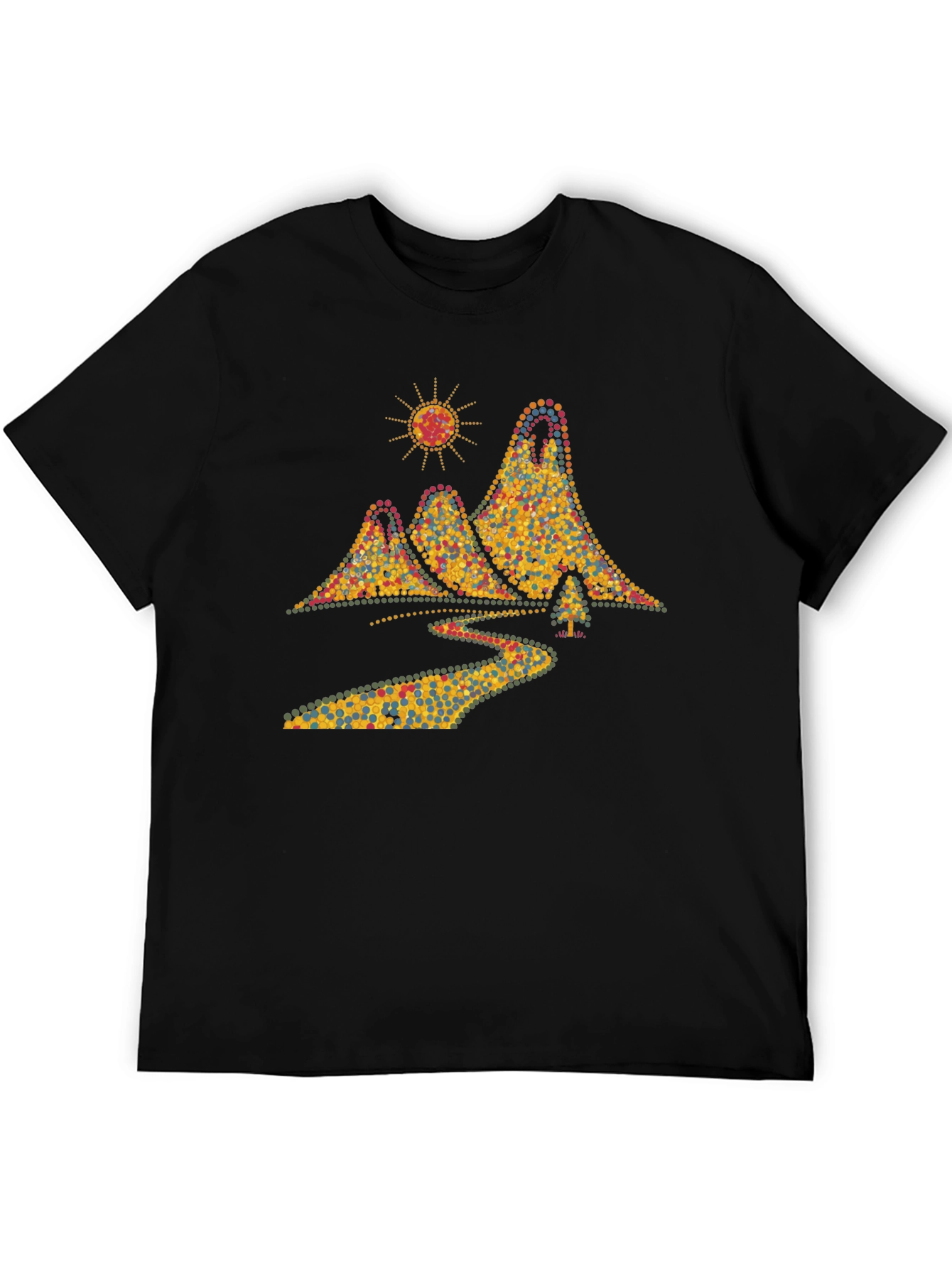 Scenic Mountain Dot Art Mens Black T-Shirt