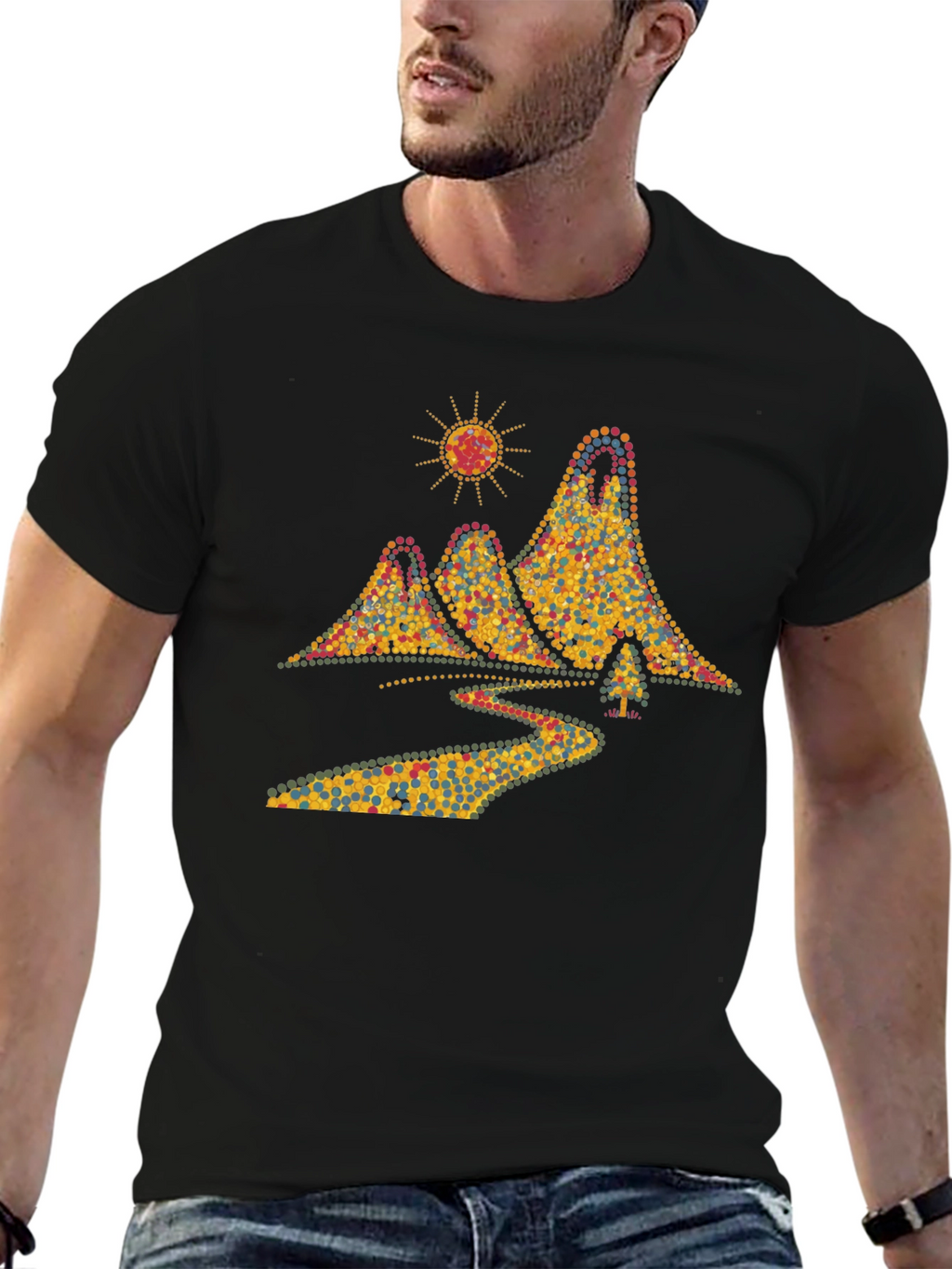 Scenic Mountain Dot Art Mens Black T-Shirt