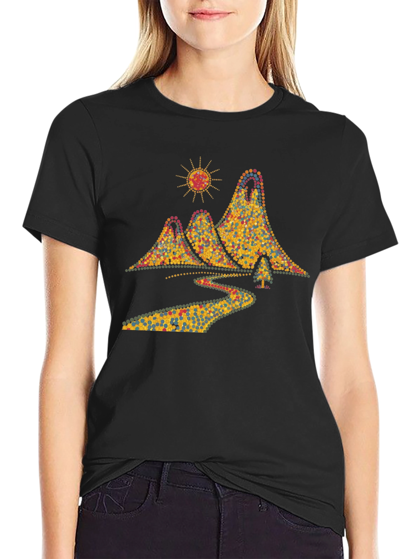 Scenic Mountain Dot Art Mens Black T-Shirt