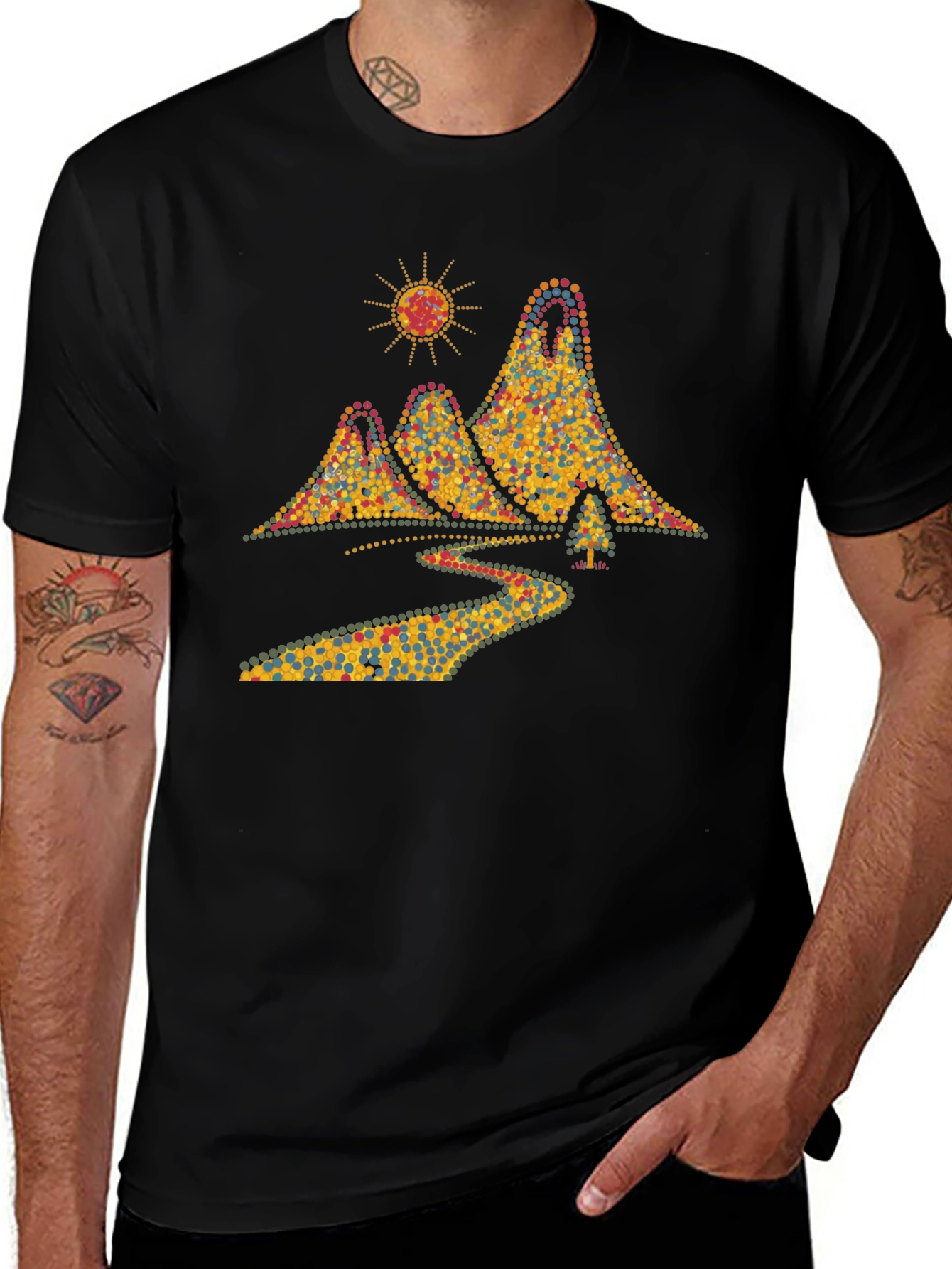 Scenic Mountain Dot Art Mens Black T-Shirt