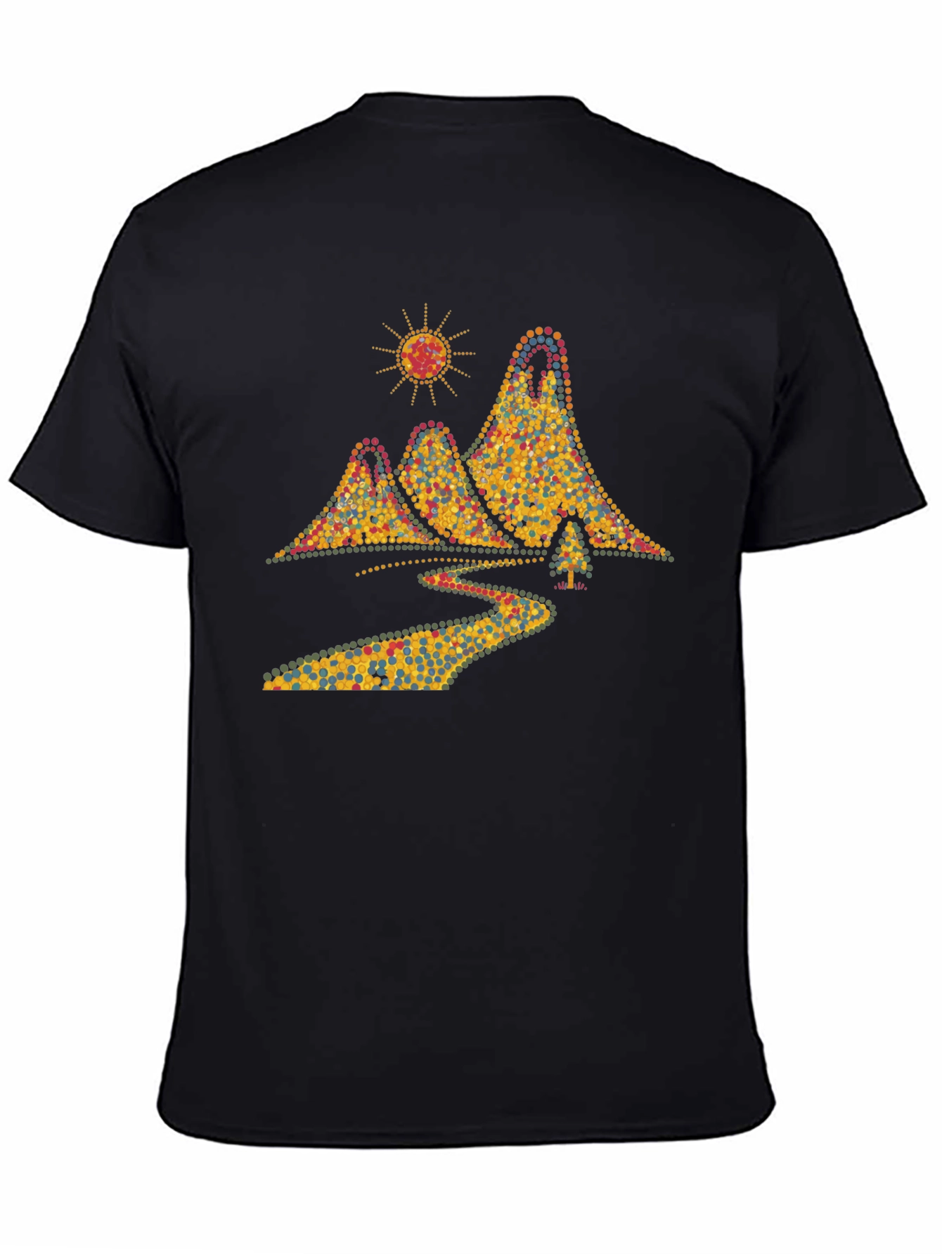Scenic Mountain Dot Art Mens Black T-Shirt