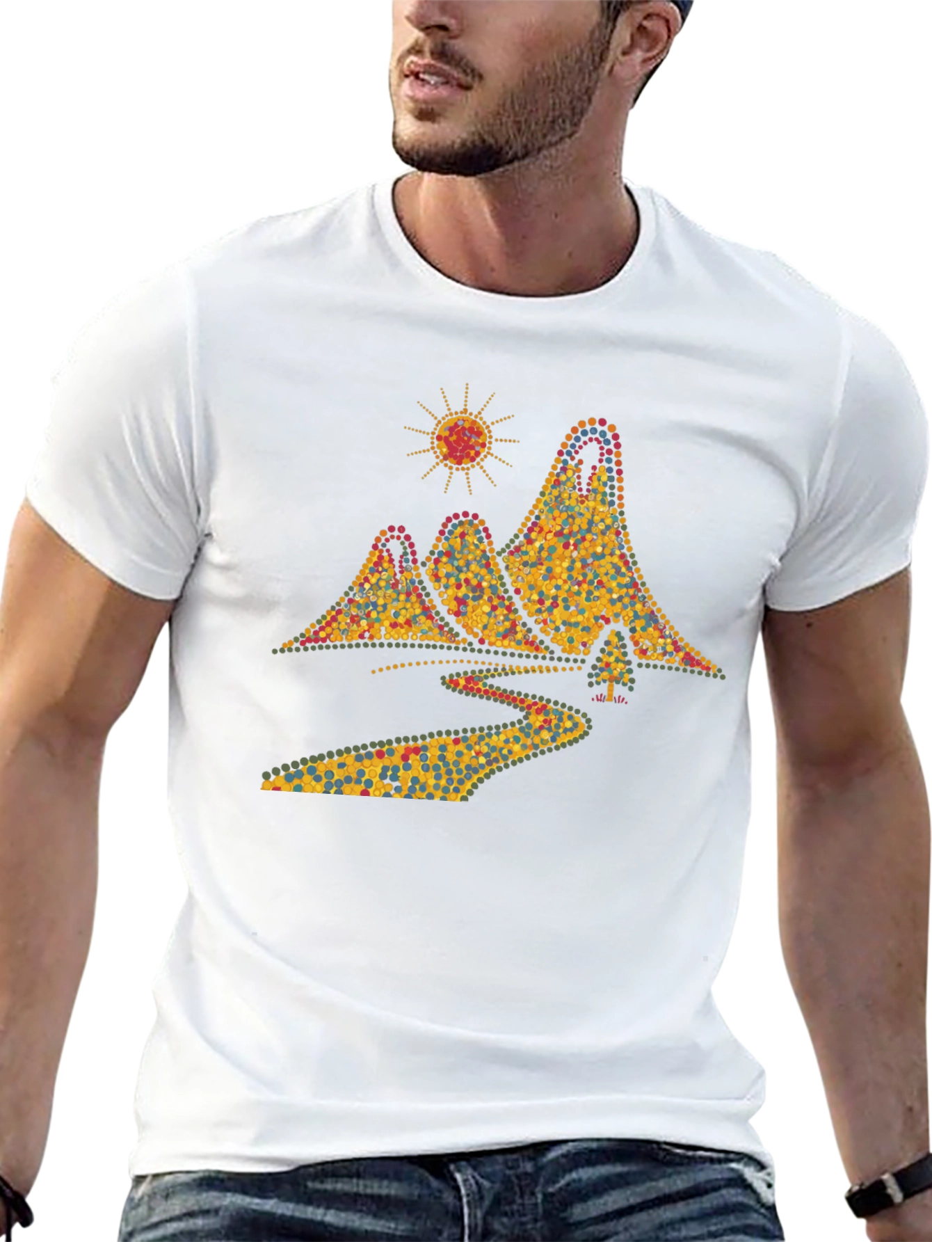 Scenic Mountain Dot Art Mens Black T-Shirt